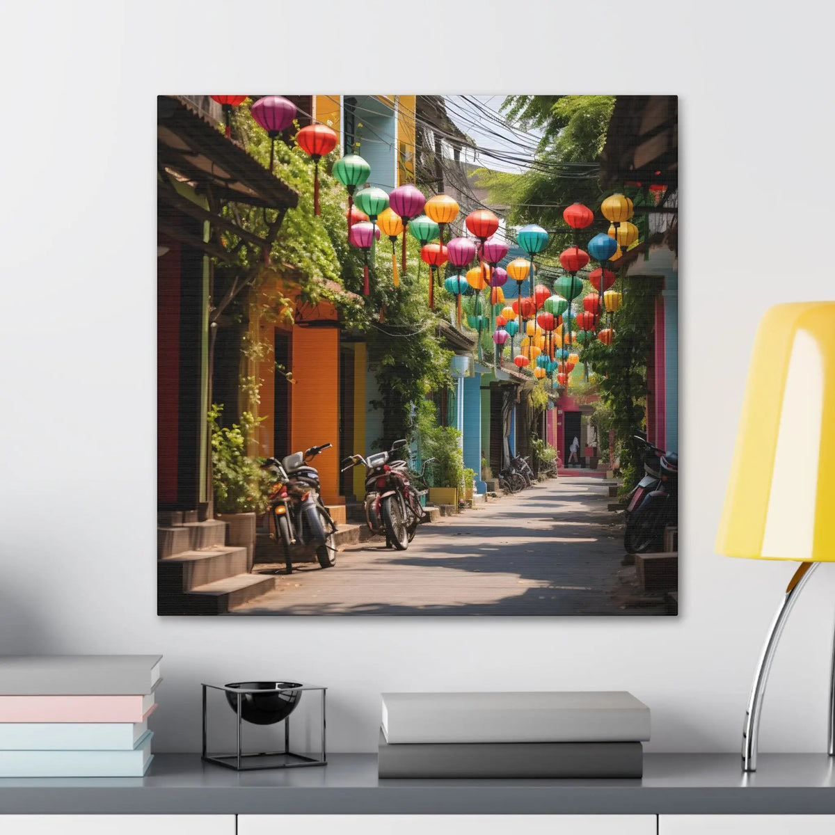 Canvas Gallery Wraps | a picture of a street with many colorful lanterns hanging from the ceiling