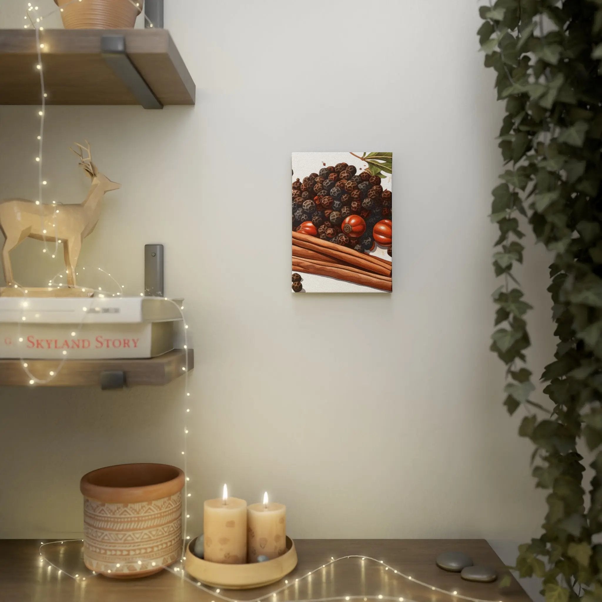 Canvas Gallery Wraps | a shelf with candles, a deer figurine and a picture on it