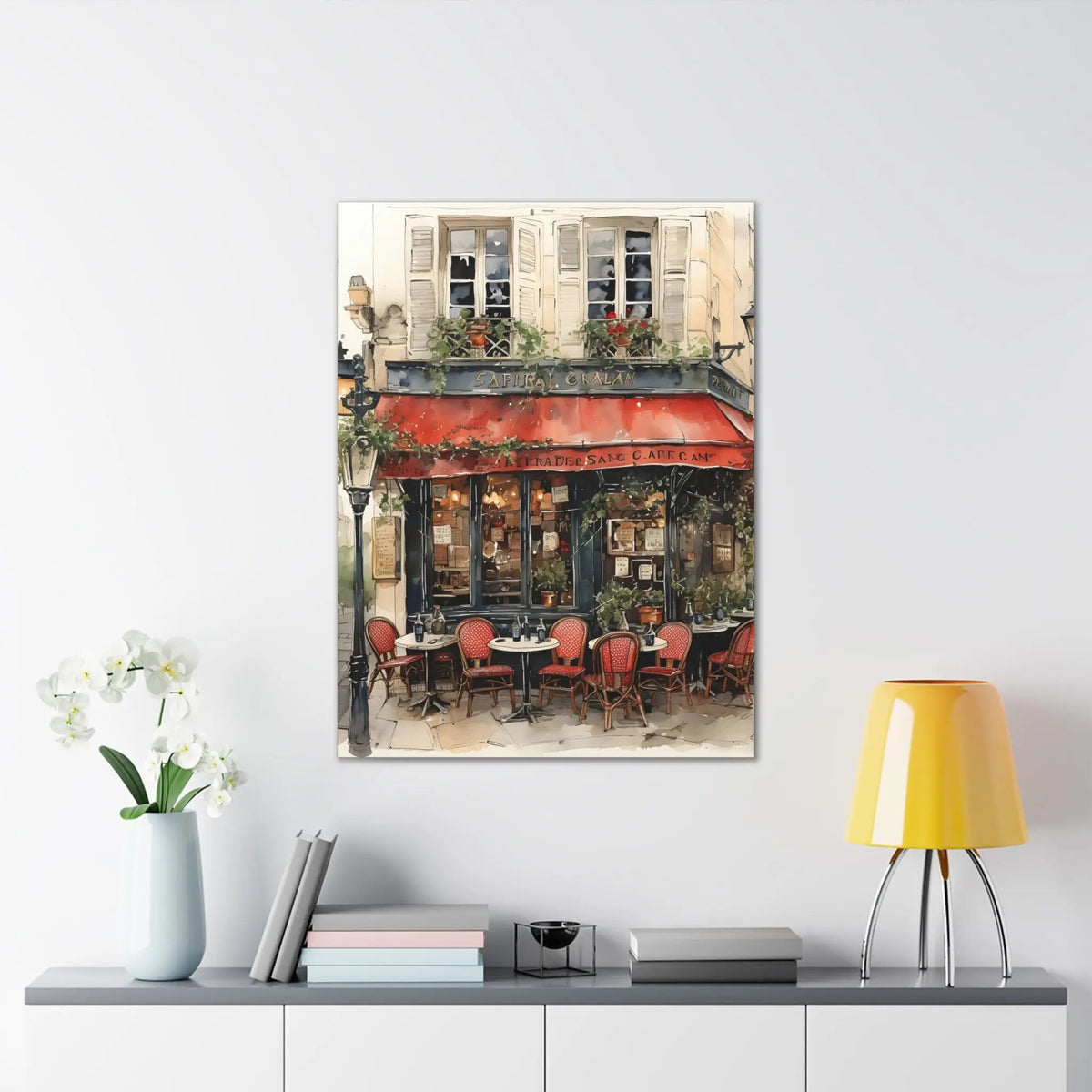 Canvas Gallery Wraps | a painting of a restaurant with a red awning