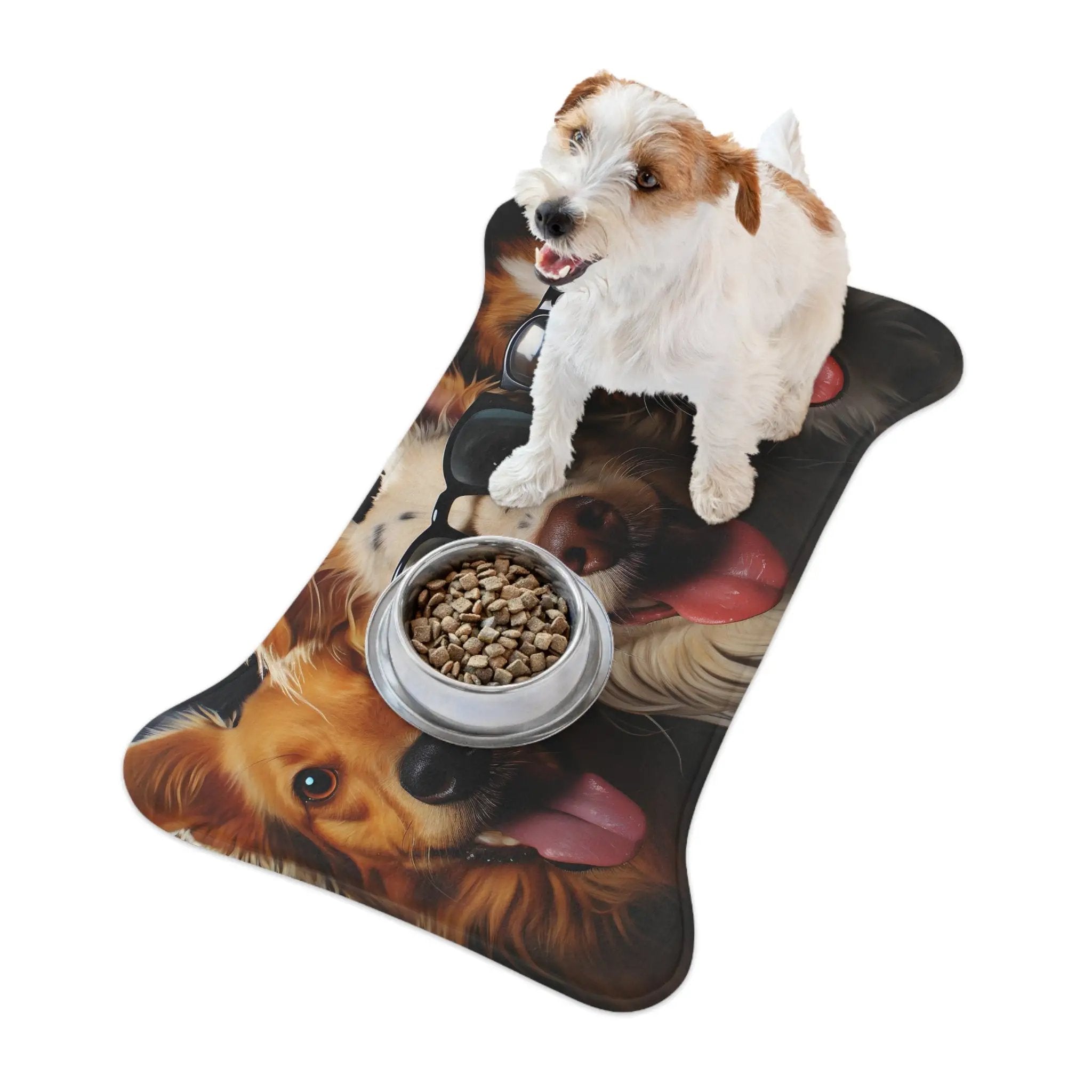 Pet Feeding Mats | a dog standing on a mat with a bowl of food