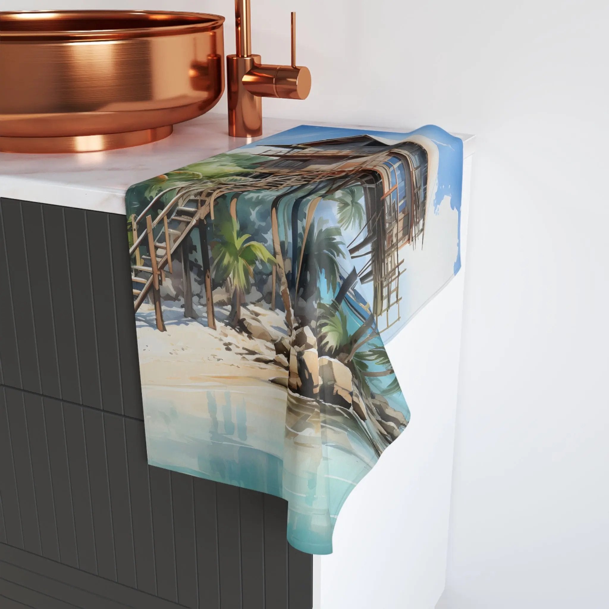 Hand towel | a sink with a copper faucet on top of it