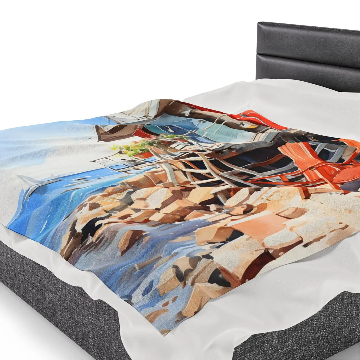 Plush Blanket | a bed with a picture of a building on it