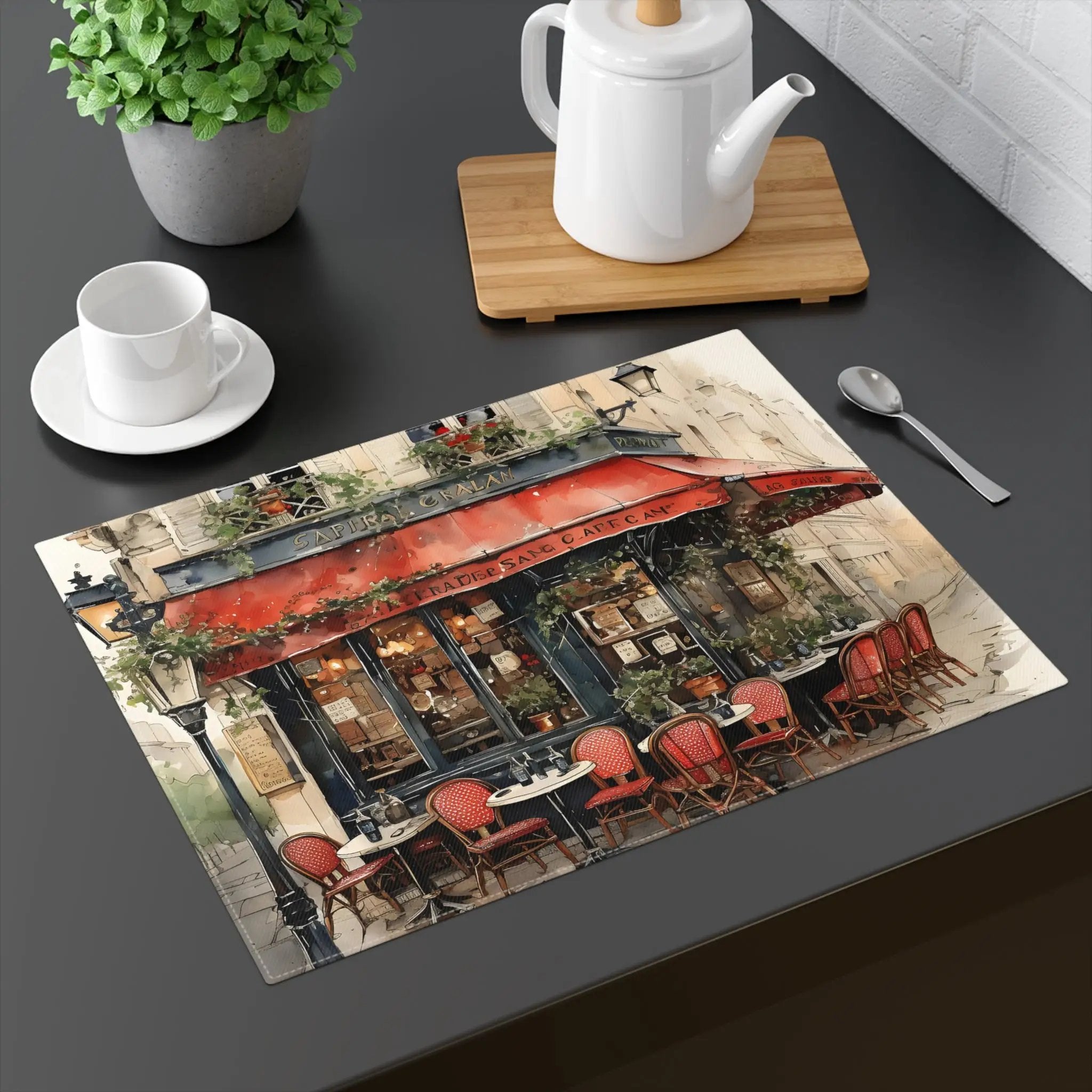 Placemat | a picture of a table with a coffee pot and a teapot