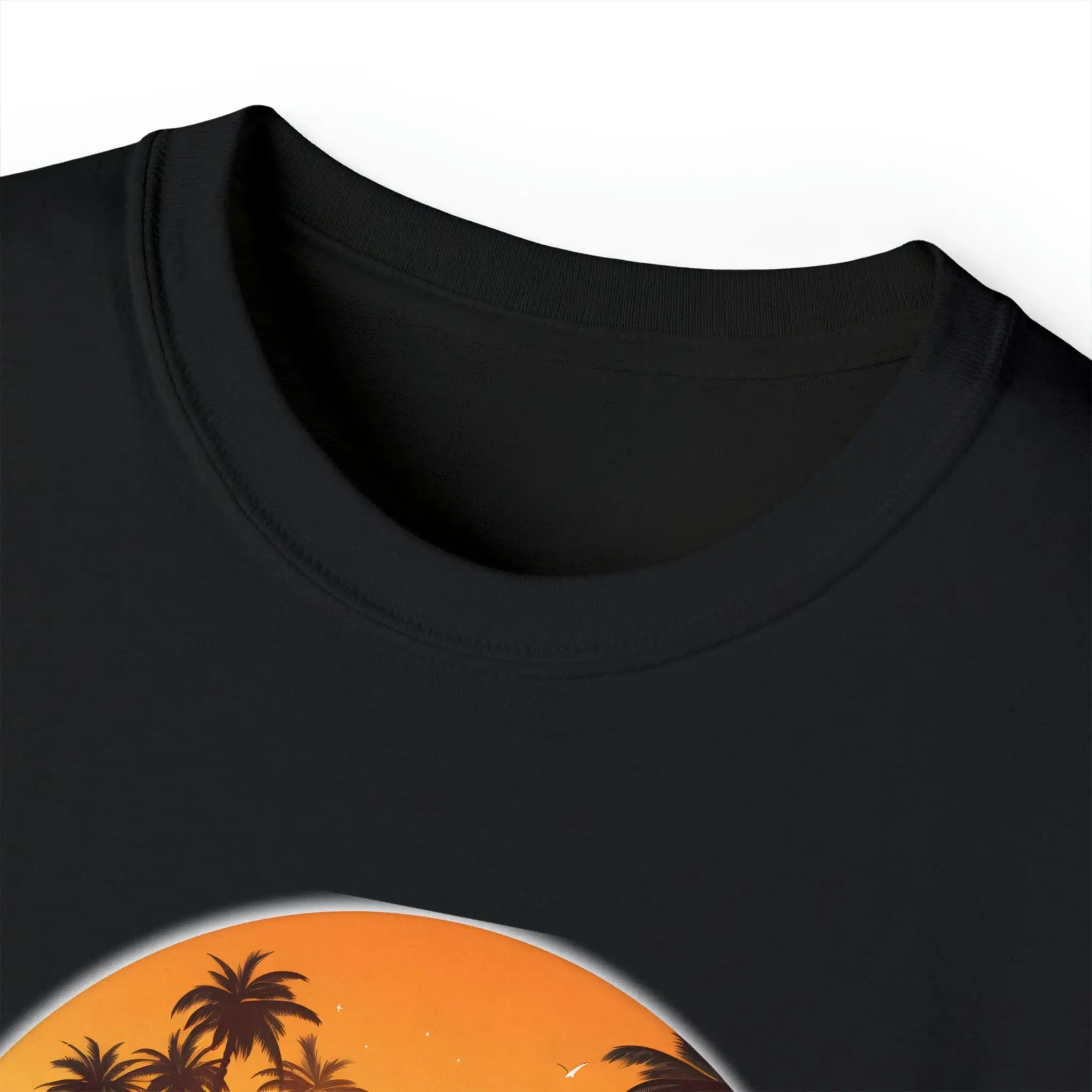 men tee graphic | a black t - shirt with a picture of a sunset and palm trees