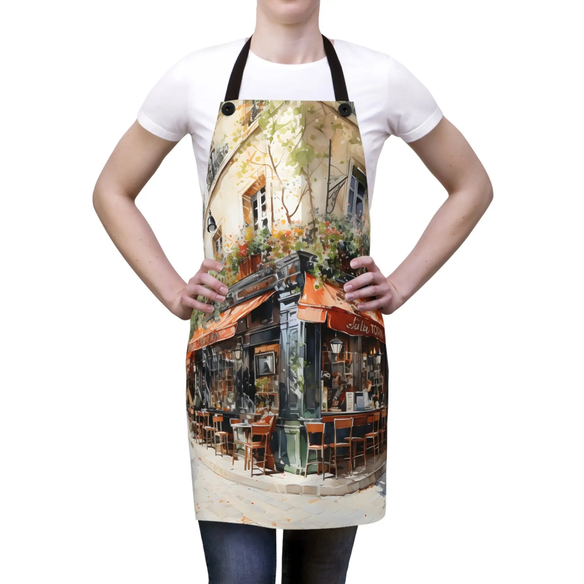 Chef Apron | a woman wearing an apron with a picture of a cafe