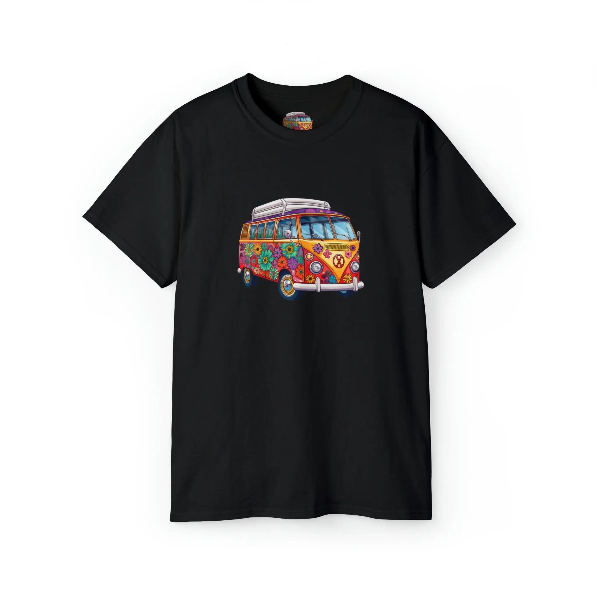 men tee graphic | a black t - shirt with a van bus painted on it