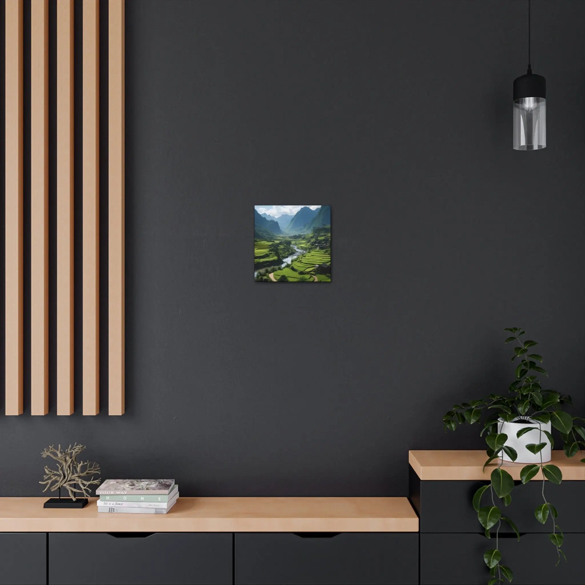 Canvas Gallery Wraps | a room with a wooden shelf and a painting on the wall