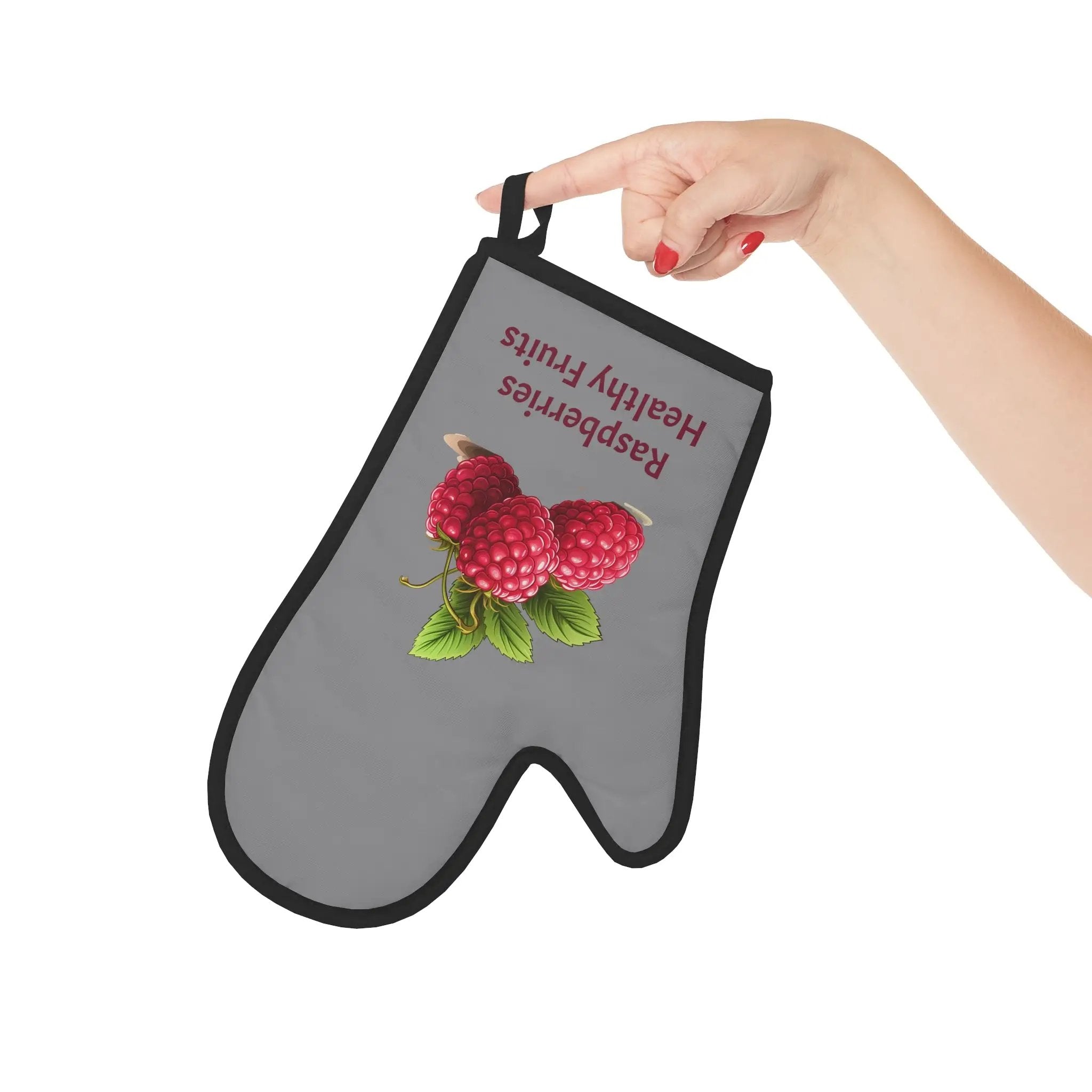 Oven Mitt |a woman's hand holding a Oven Mitt with raspberries on it