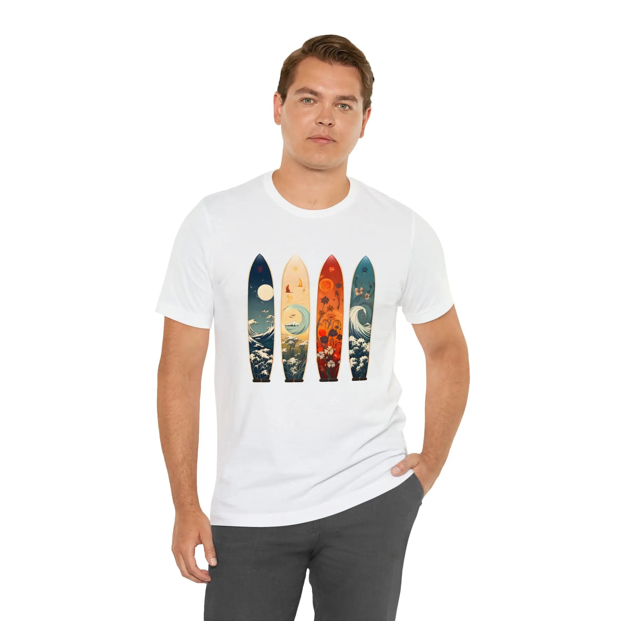 Couple t shirt | a man wearing a white t - shirt with three surfboards on it