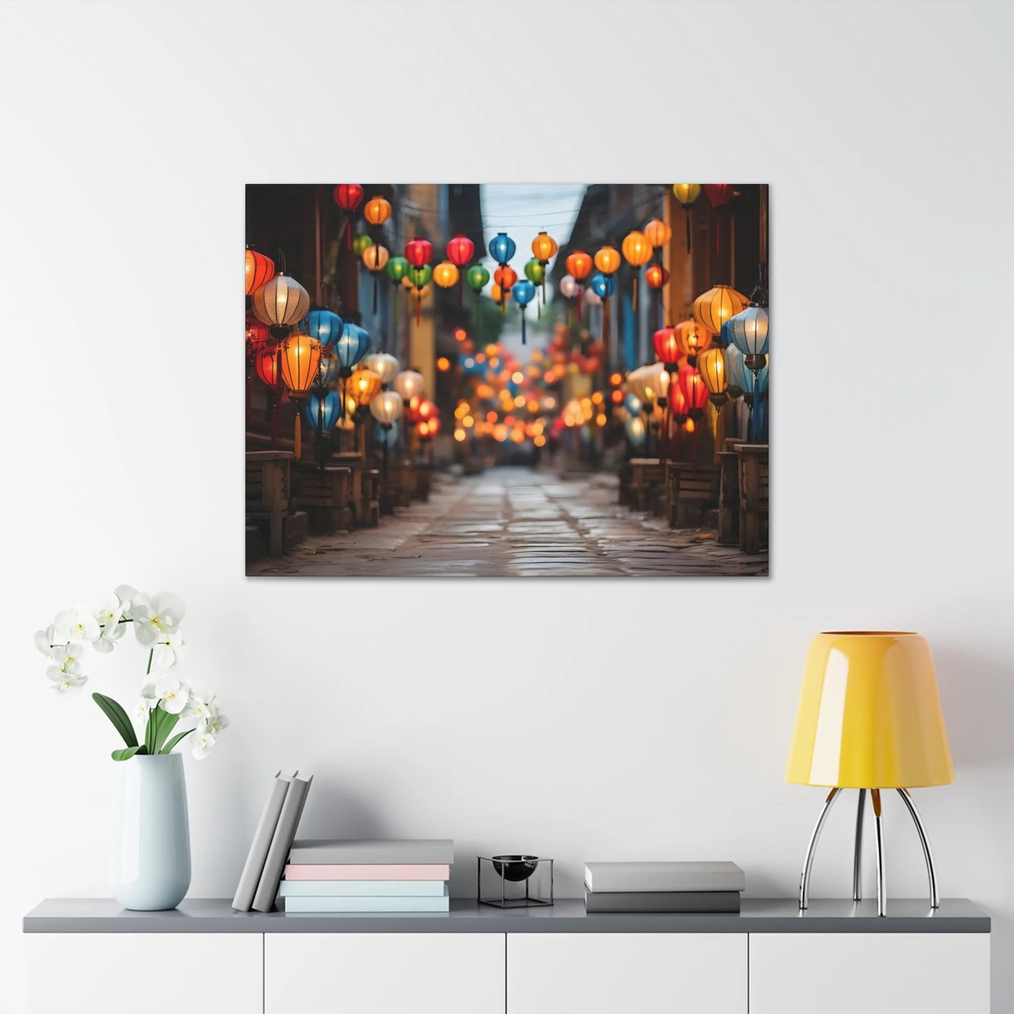 Canvas Gallery Wraps | a picture of a street with lanterns hanging above it