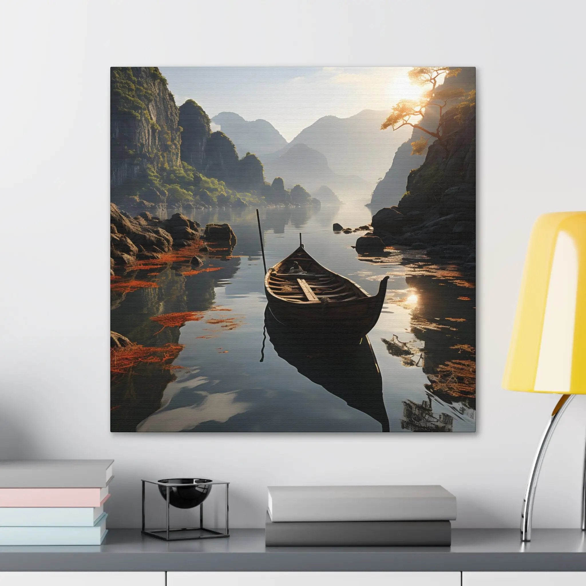 Canvas Gallery Wraps | a painting of a boat on a lake with mountains in the background