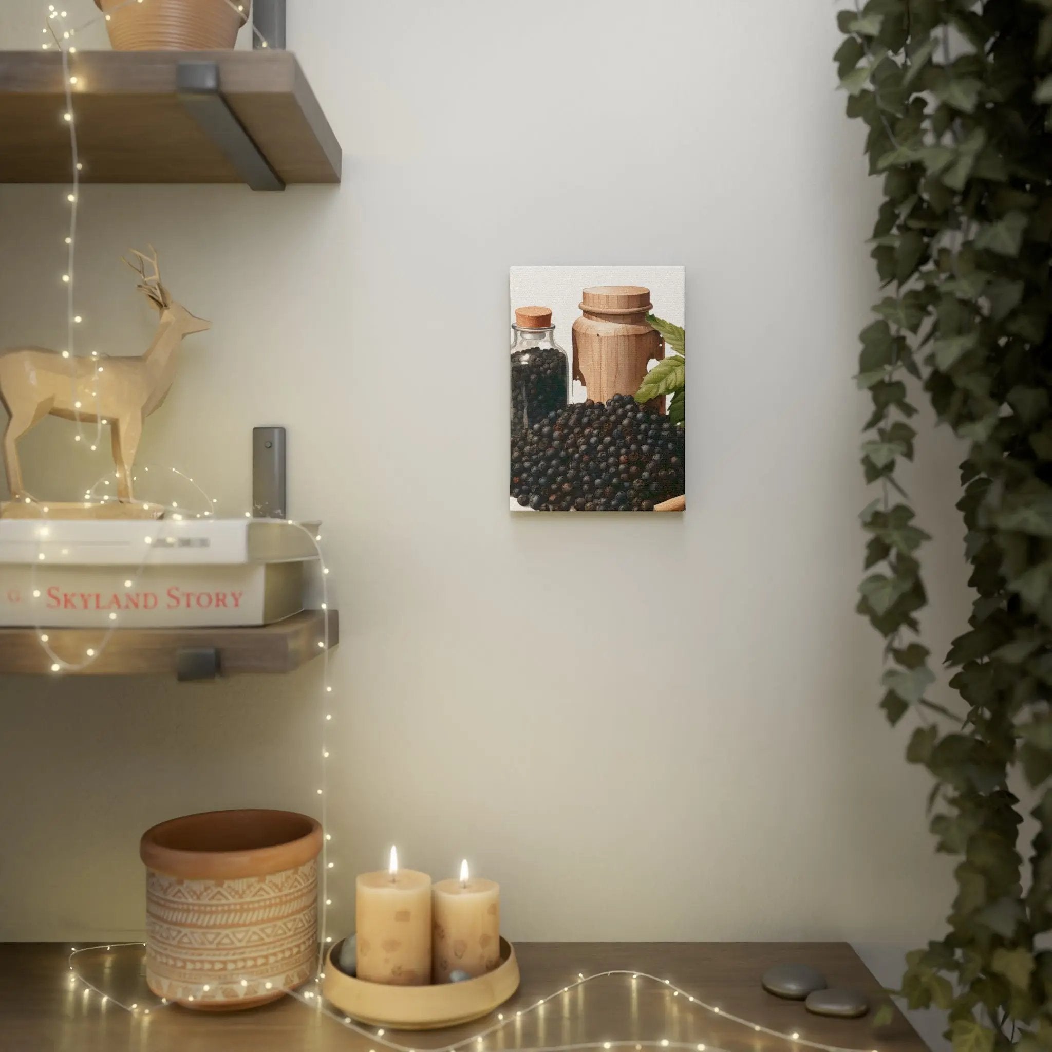 Canvas Gallery Wraps | a shelf with candles and a picture on it