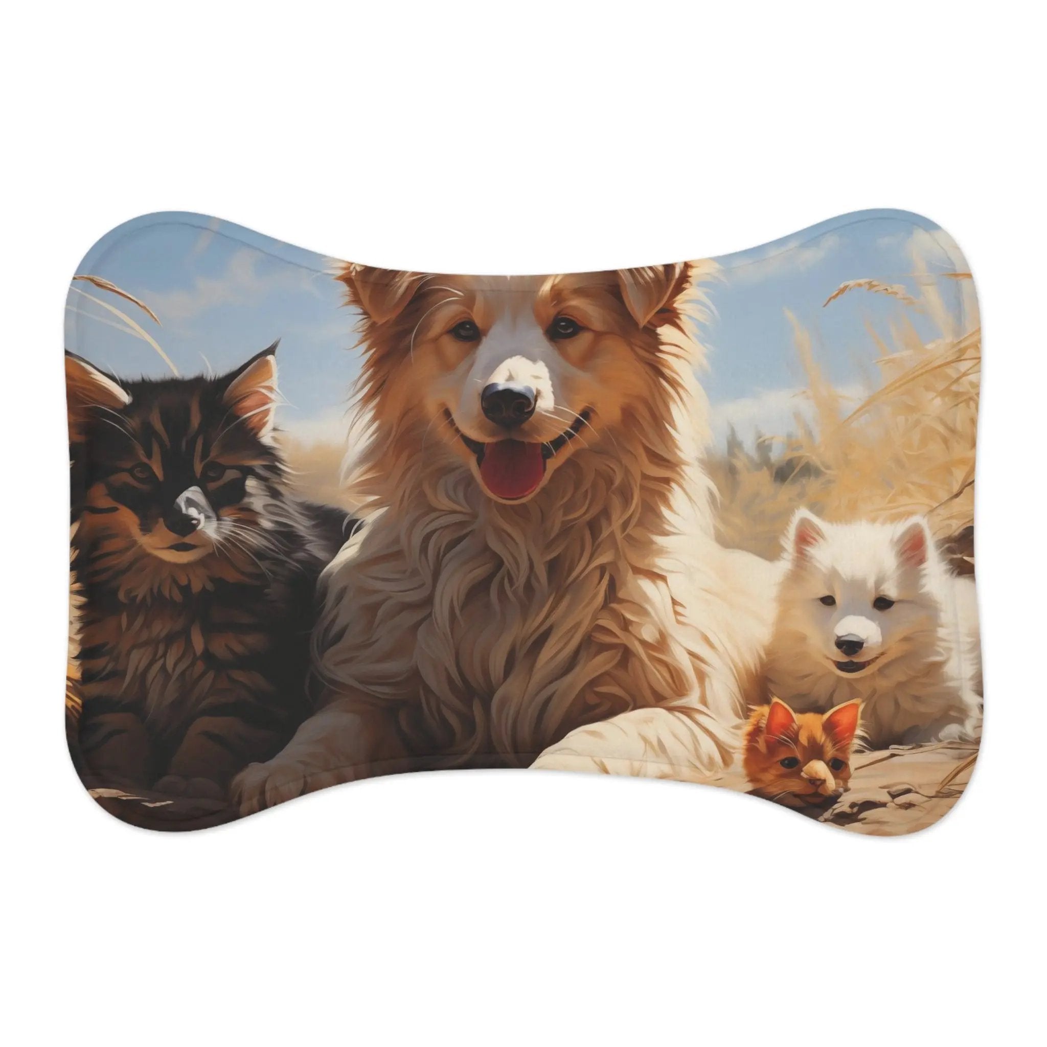 Pet Feeding Mats | a picture of a dog and three kittens