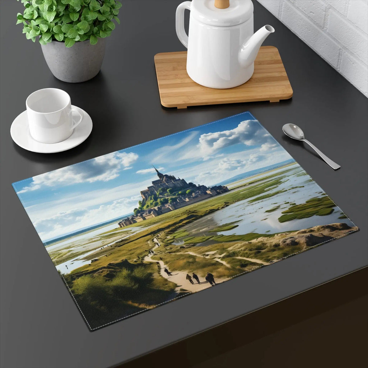 Placemat | a table with a picture of a castle on it