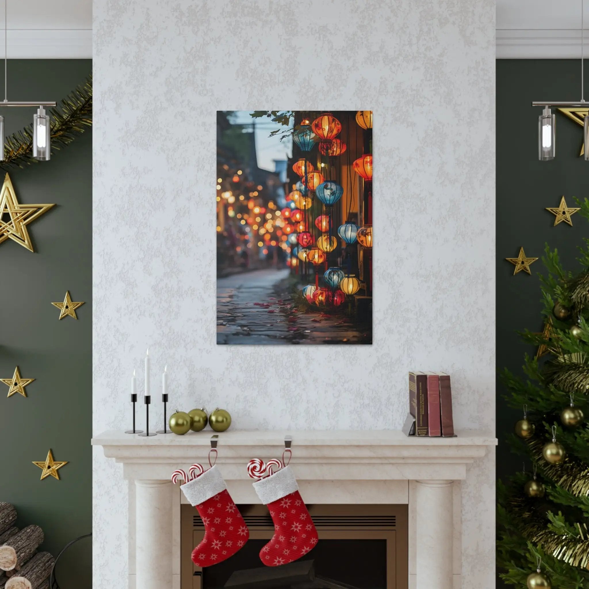 Canvas Gallery Wraps | a living room with a fire place and a Christmas tree