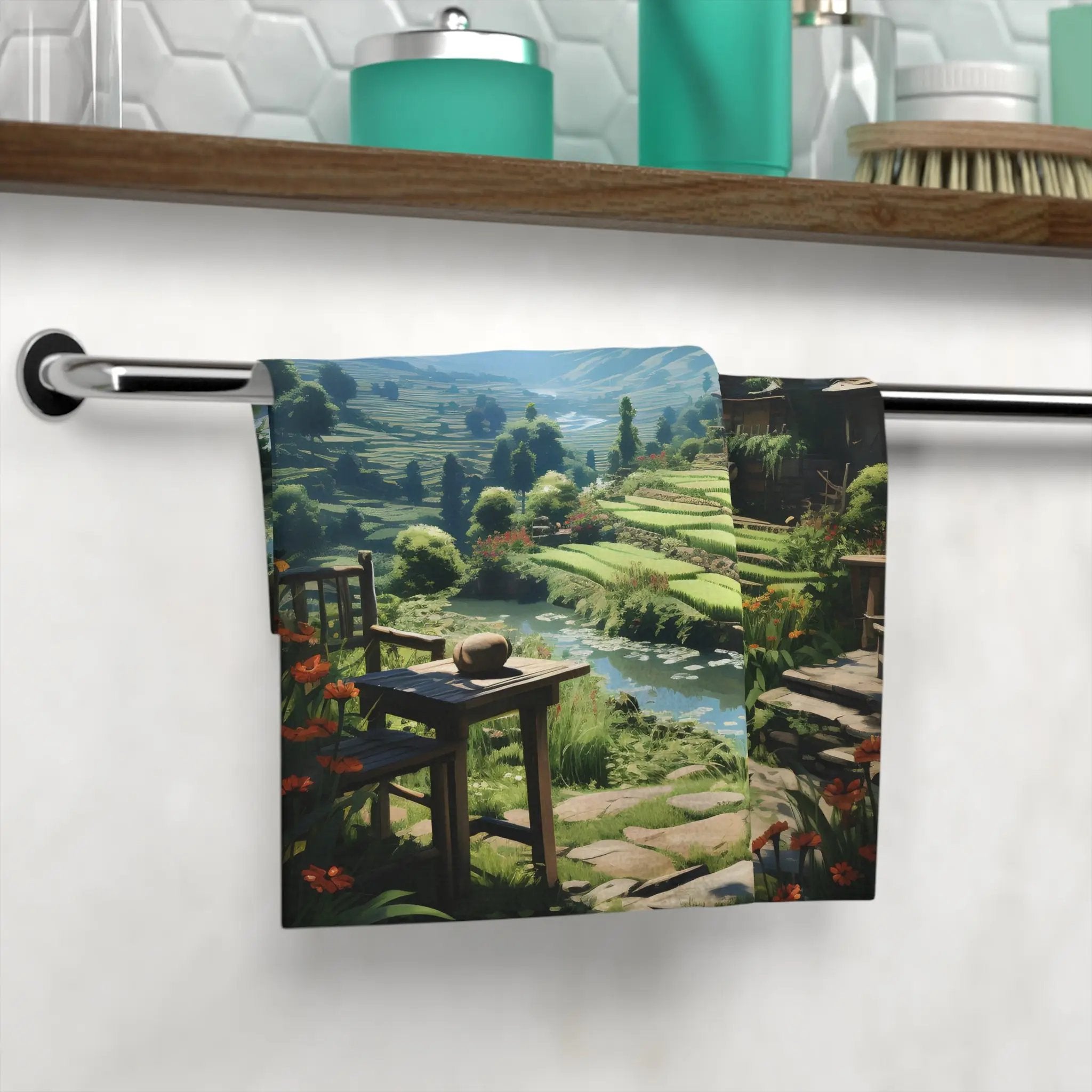 Face Towel | a picture of a scenic landscape hanging on a clothes line