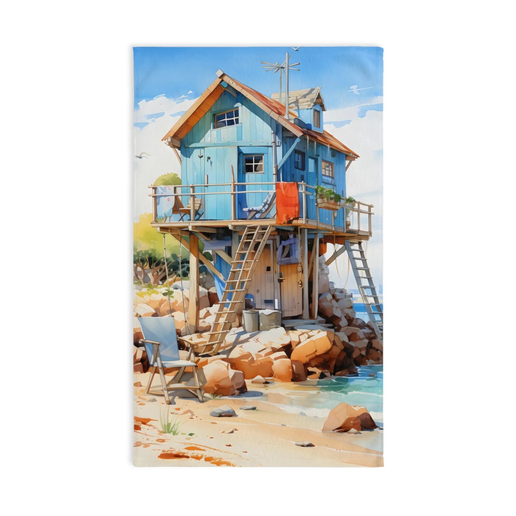 Hand towel | a painting of a house on the beach