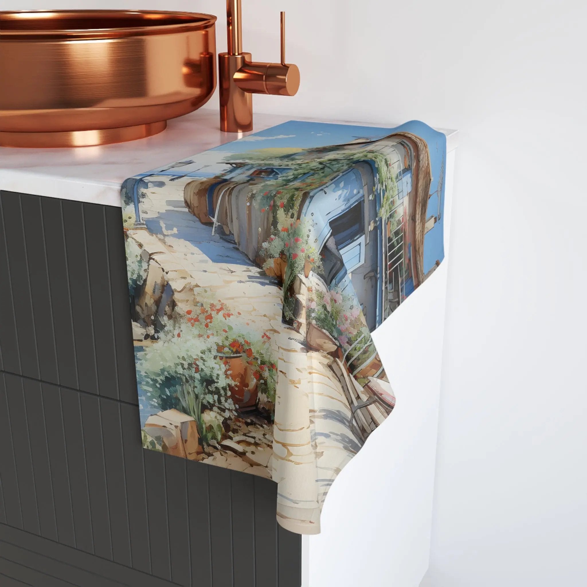 Hand towel | a kitchen counter with a sink and a painting on it