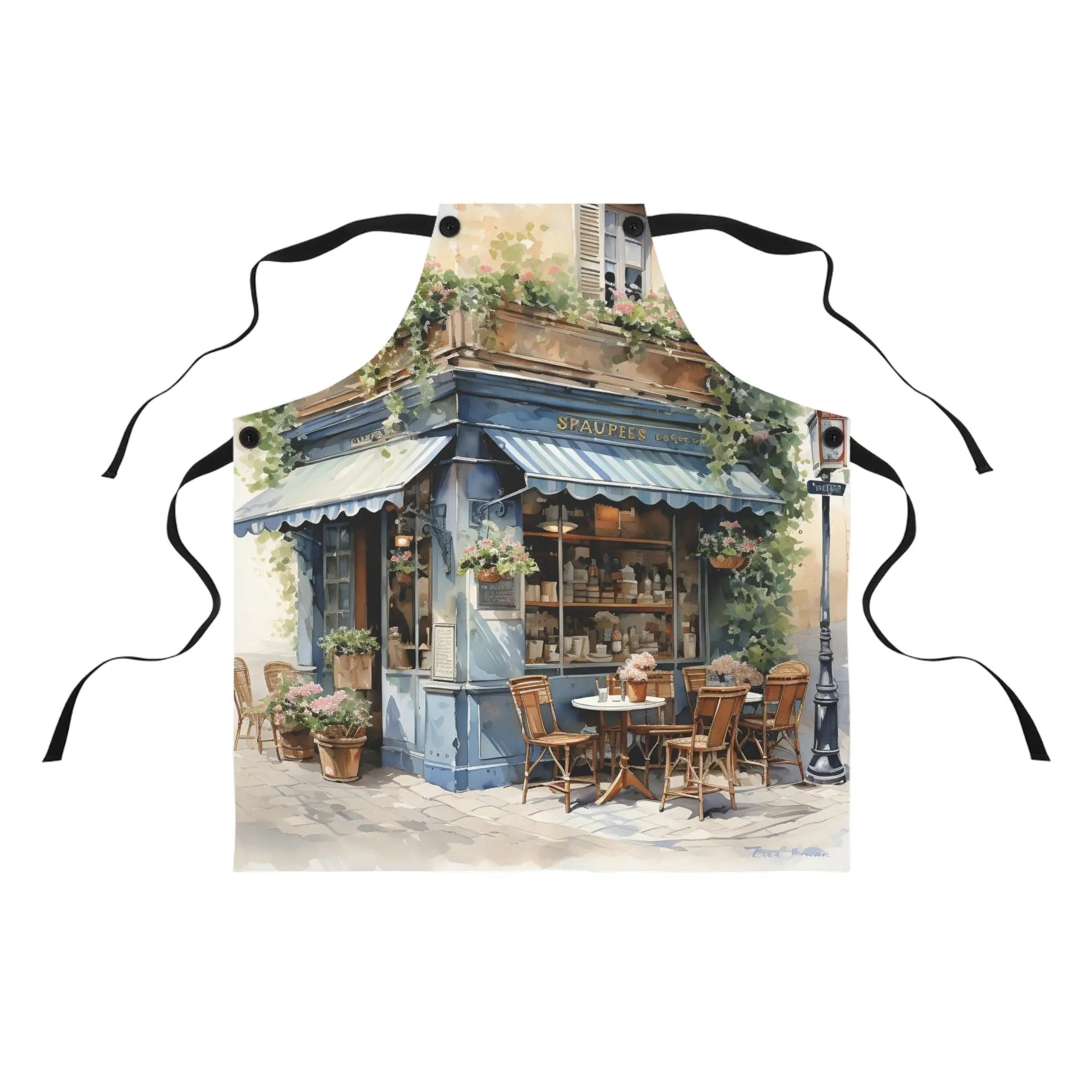 Chef Apron | a painting of a restaurant with a blue awning