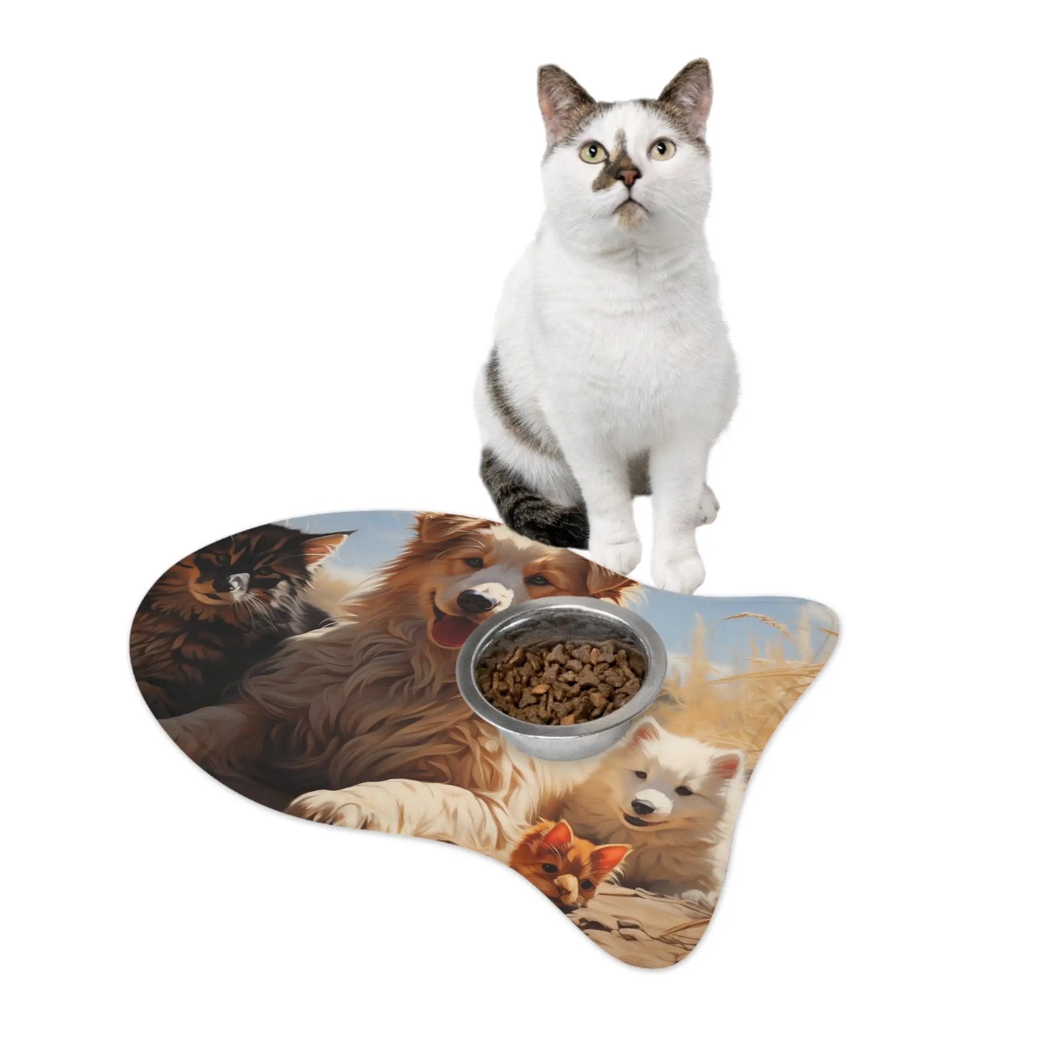 Pet Feeding Mats | a cat sitting on top of a plate with a bowl of food