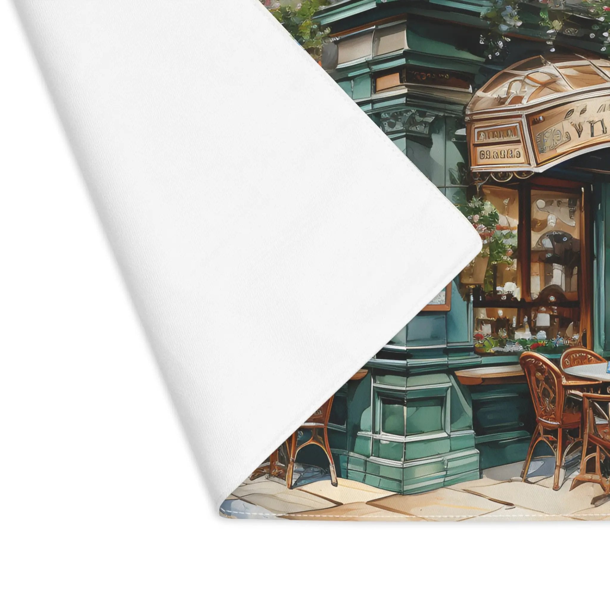 Placemat | a painting of a restaurant with a table and chairs