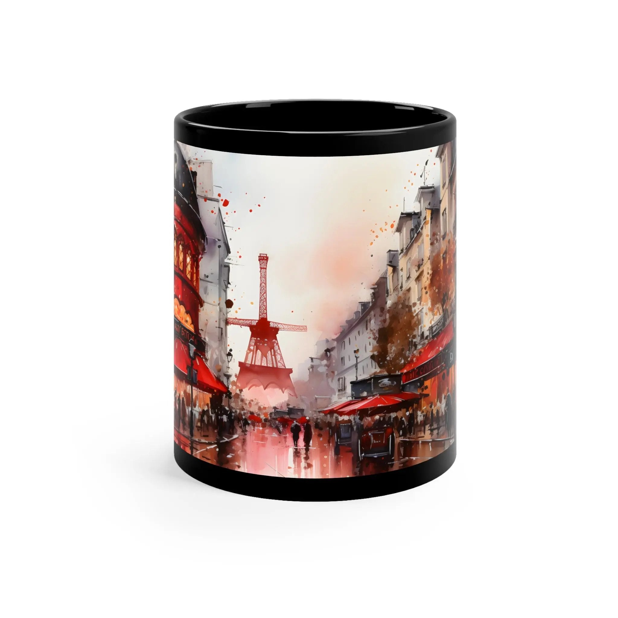 Mugs coffee | a black coffee mug with a painting of a street scene