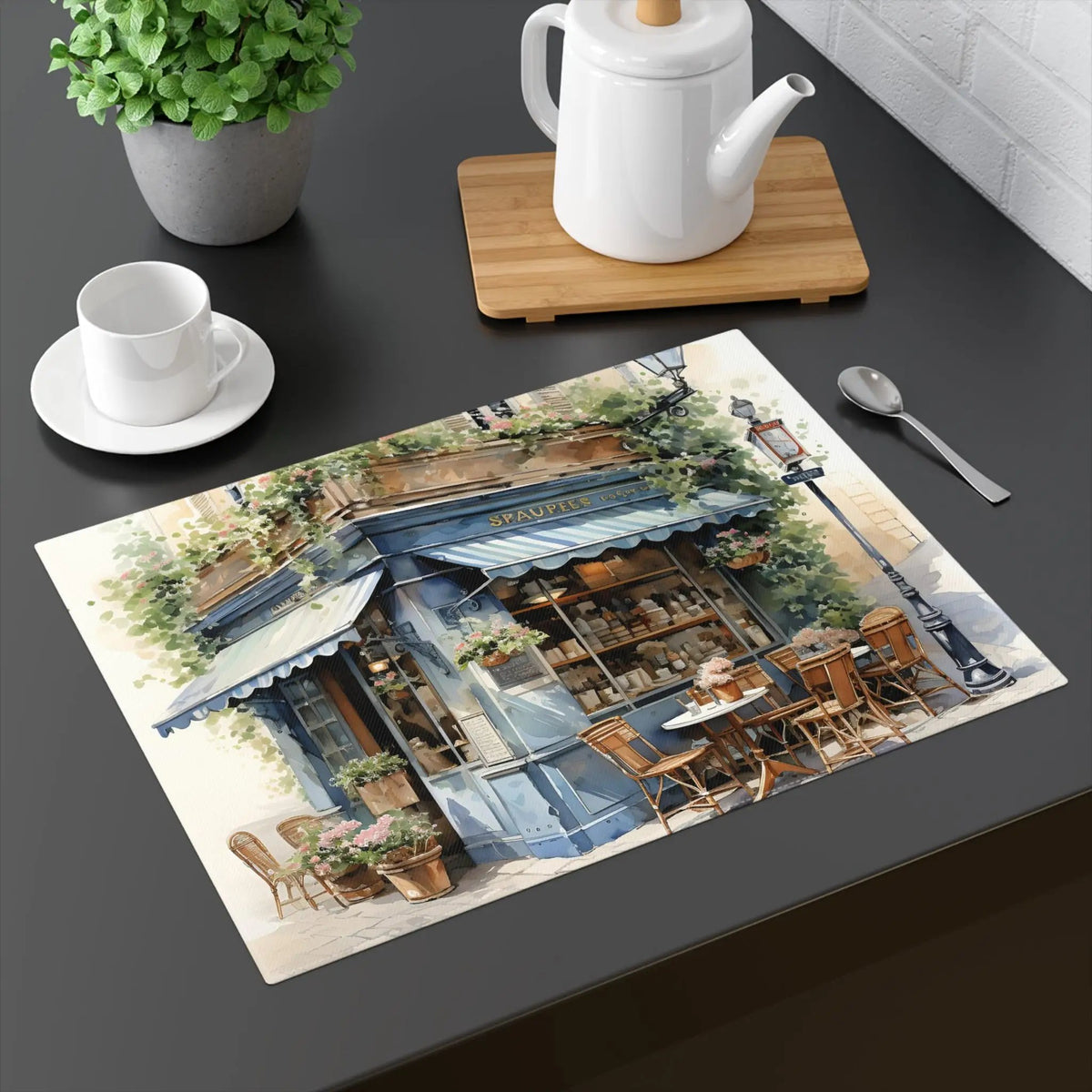 Placemat | a painting of a coffee shop on a table