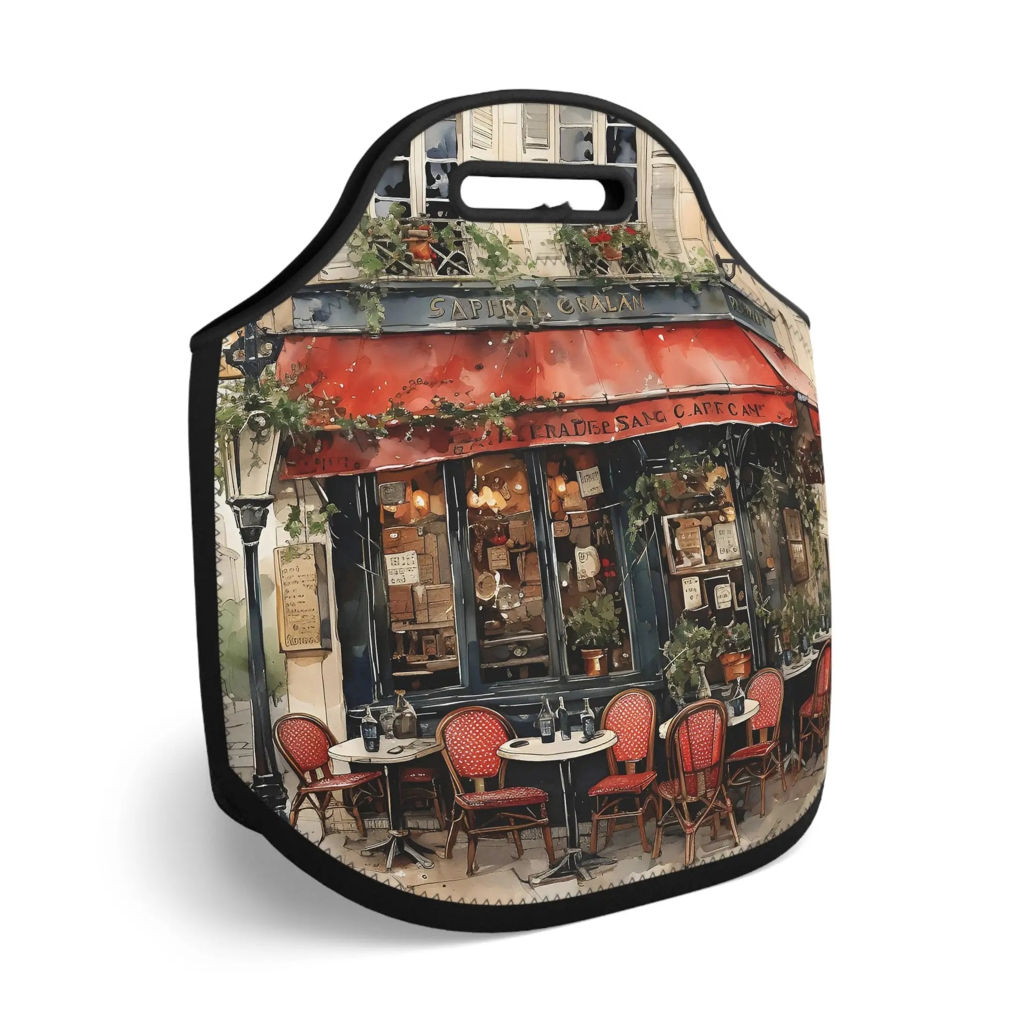 Insulated lunch bag | a painting of a restaurant with red chairs