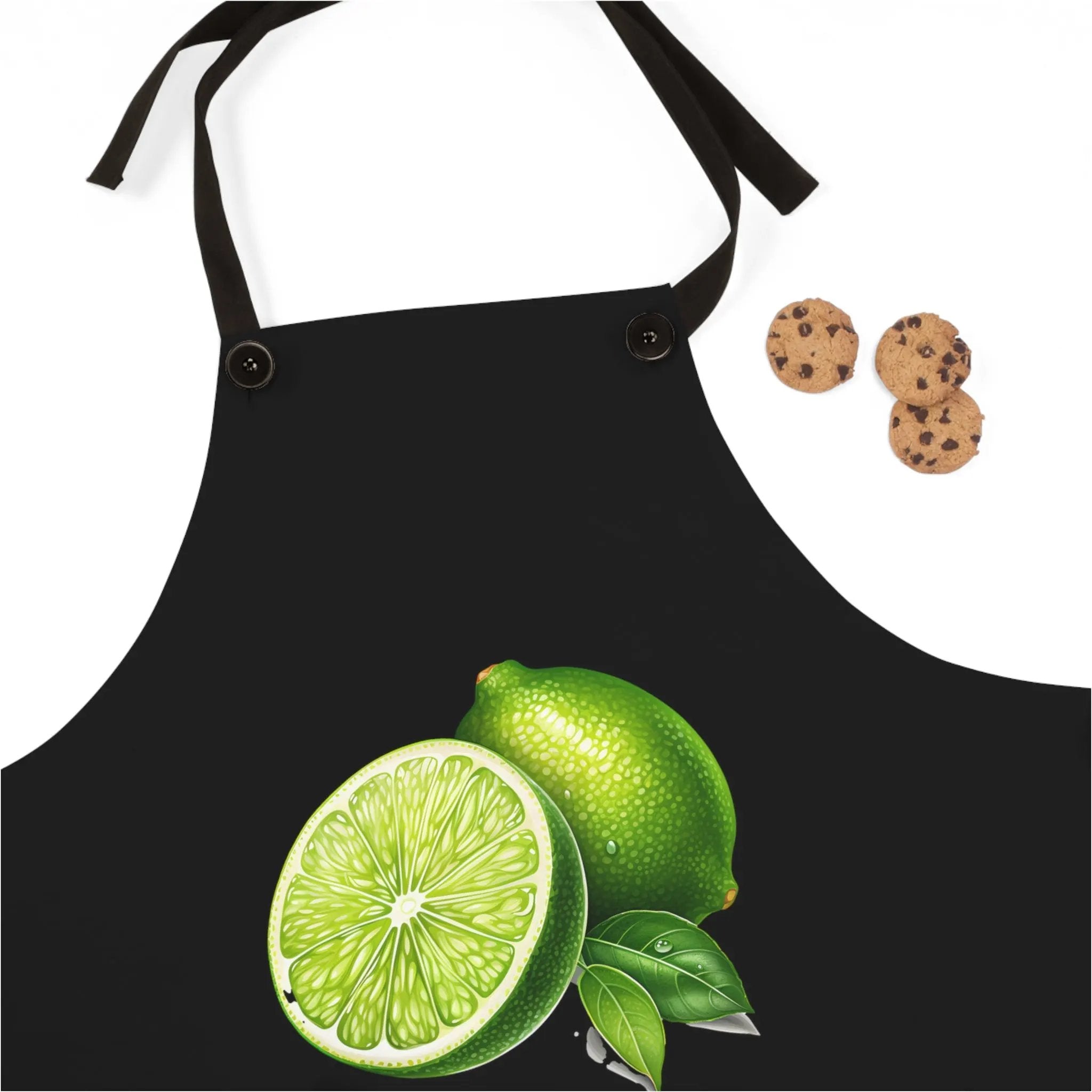 Chef Apron | a black apron with limes and cookies on it