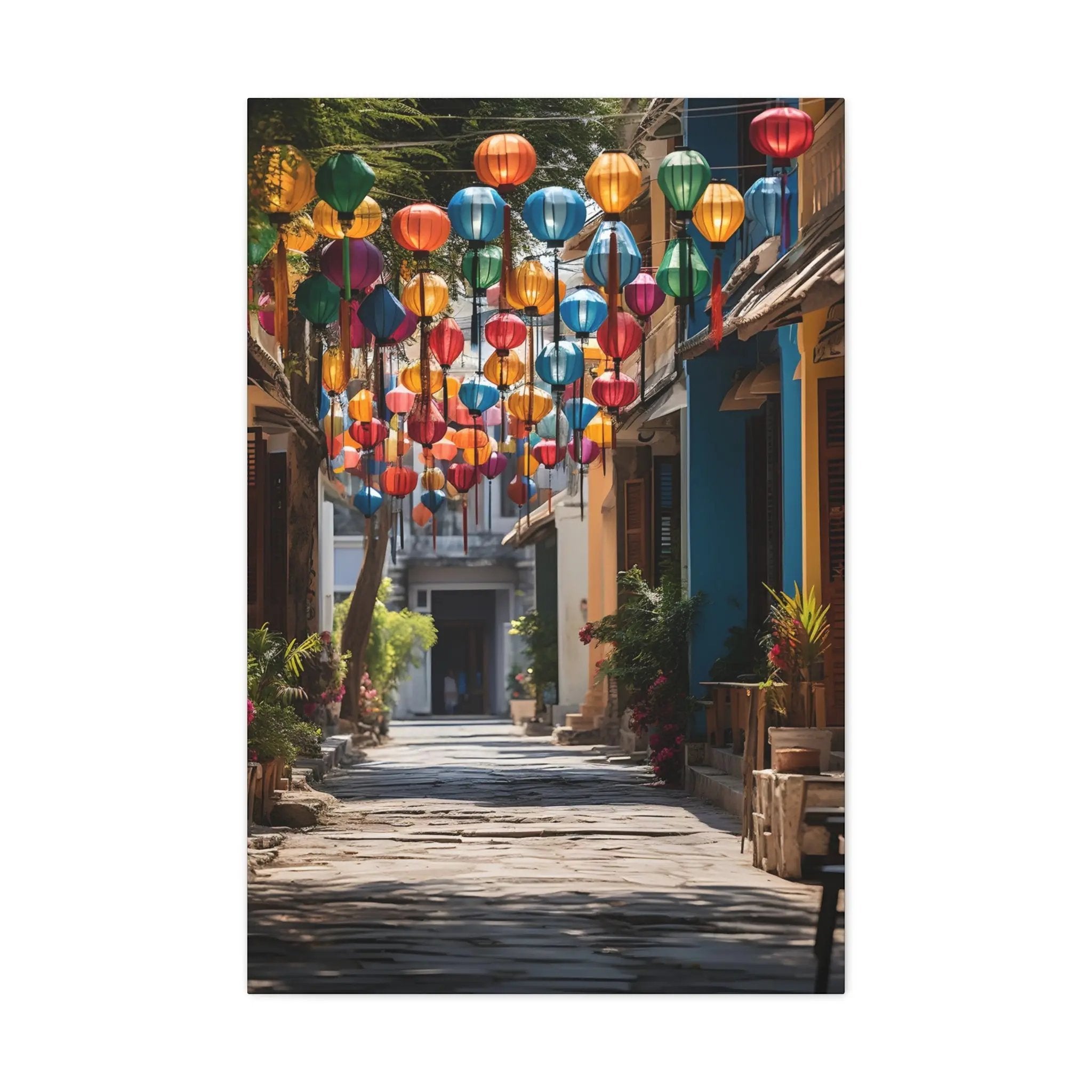 Canvas Gallery Wraps | a street with a bunch of colorful lanterns hanging from it's ceiling