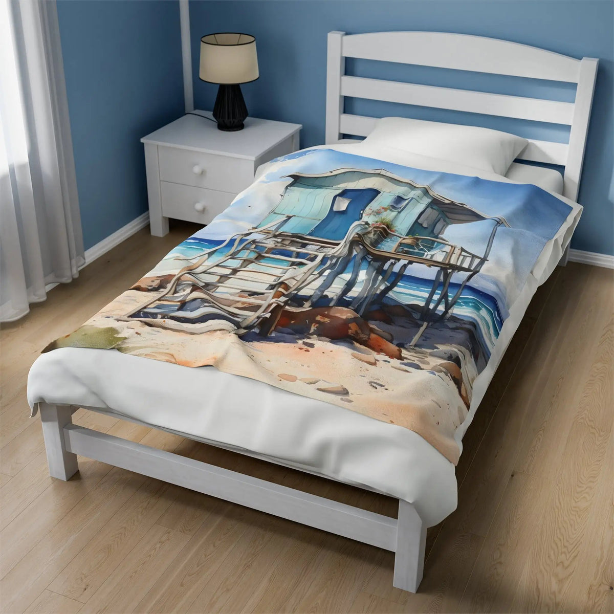 bedroom Blanket | a bed with a picture of a beach hut on it