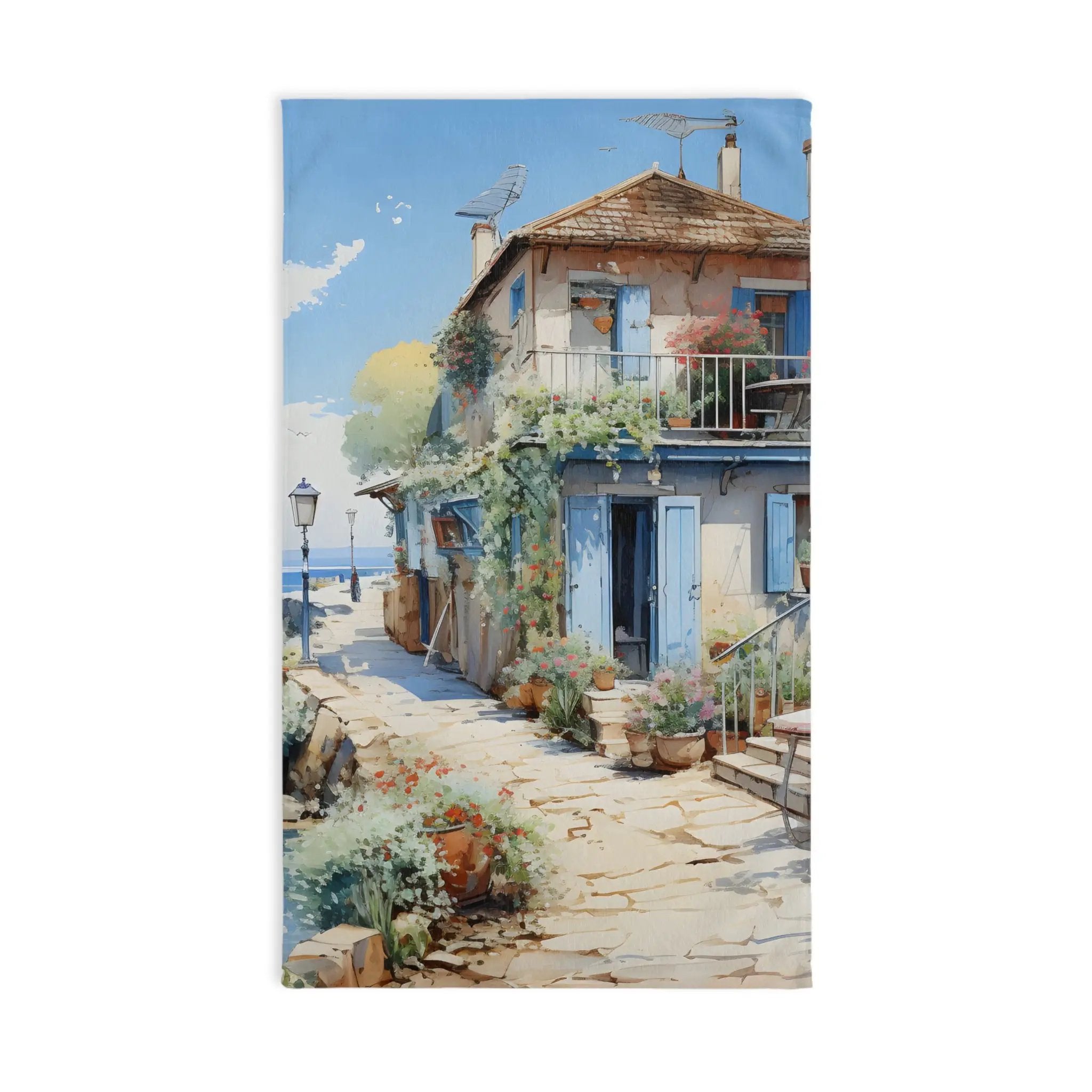 Hand towel | a painting of a house with a balcony