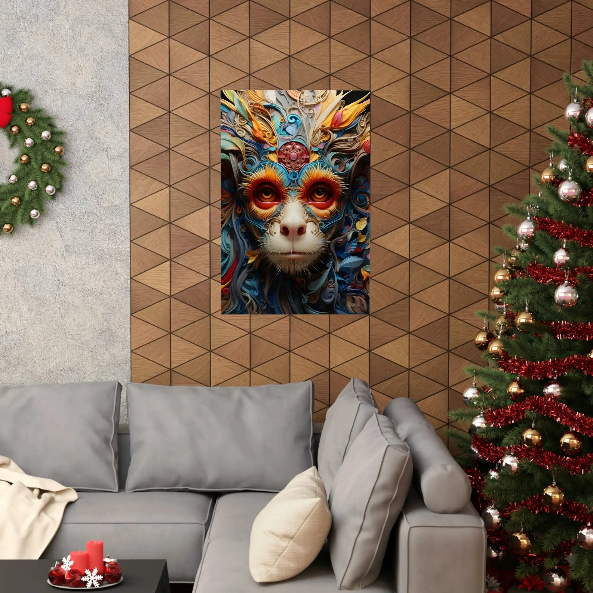 Kawaii Posters | a living room with a couch and a Christmas tree