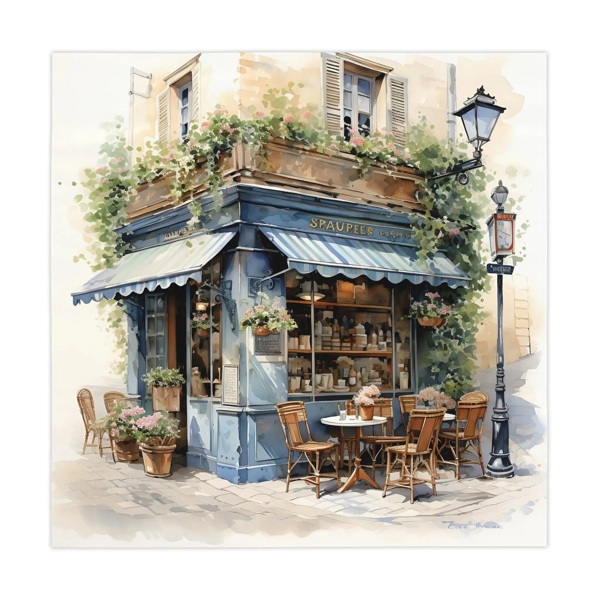 Square tablecloth | a painting of a restaurant with a blue awning