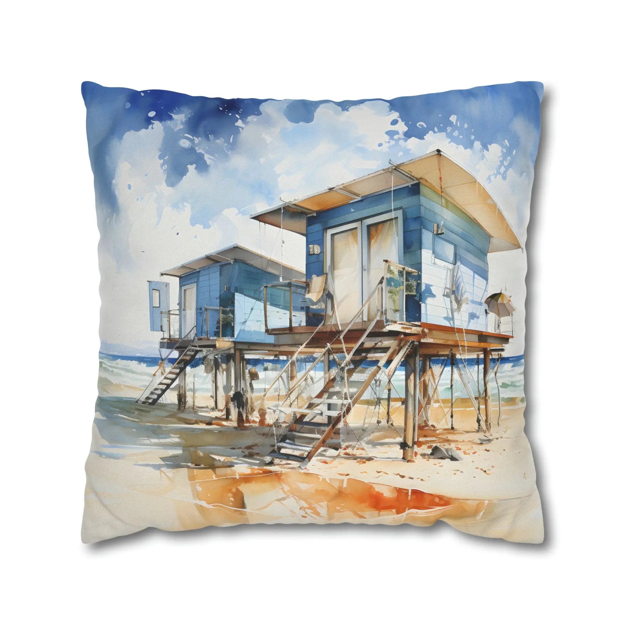 pillow cover | a watercolor painting of a beach house on a pillow