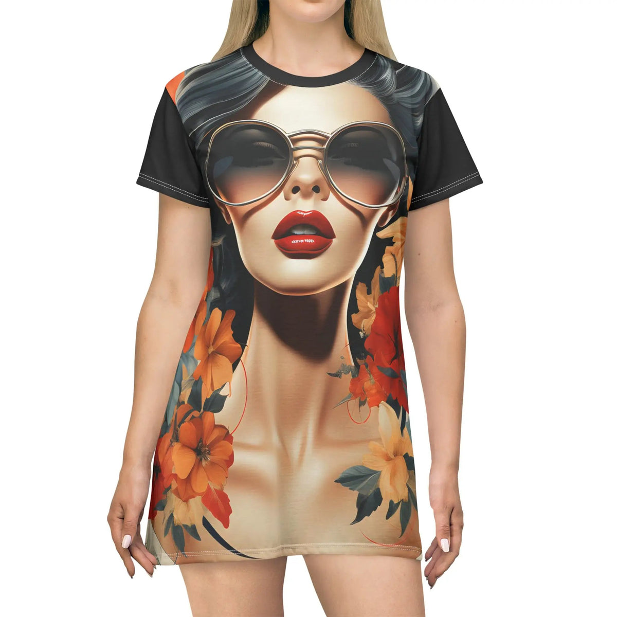 woman shirt dress | a women's t - shirt with a picture of a woman wearing sunglasses