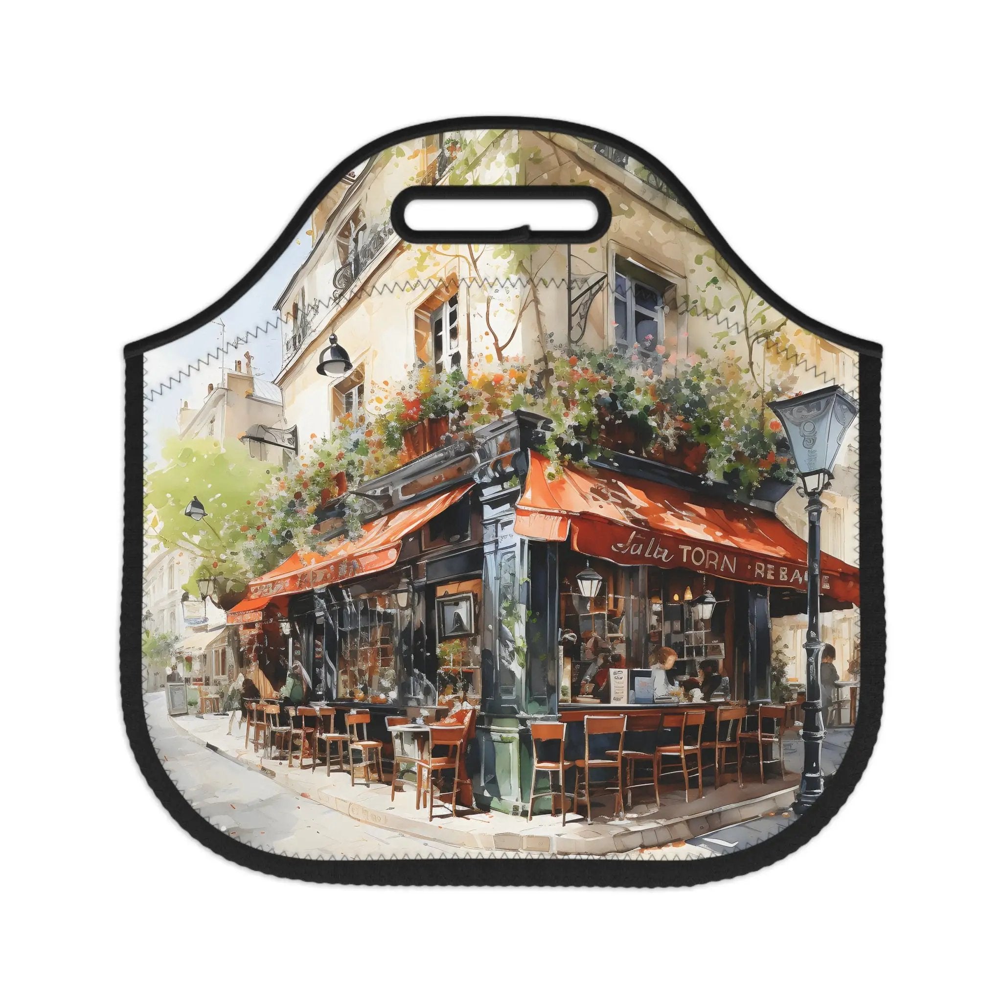 Insulated lunch bag | a painting of a restaurant with orange awnings