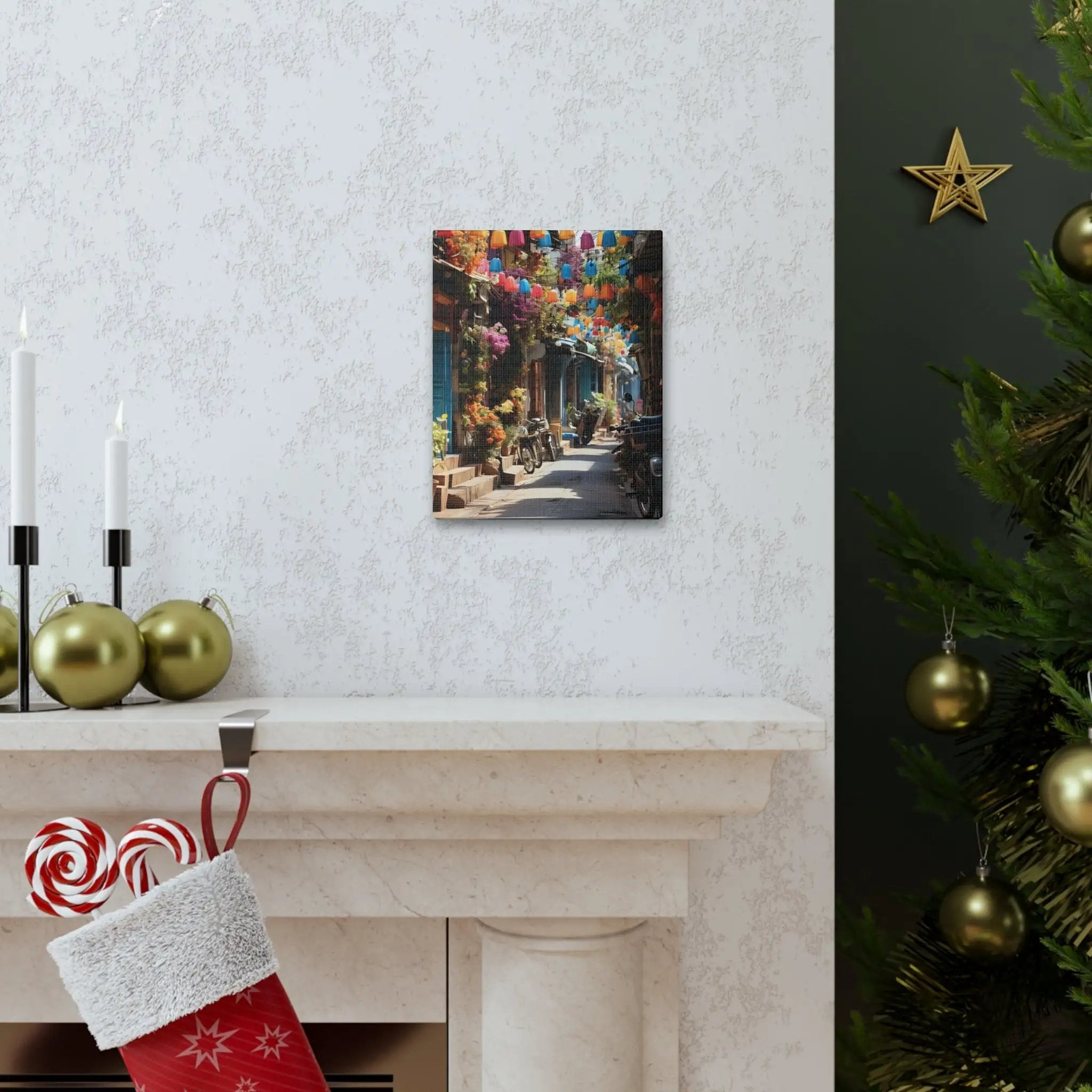 Canvas Gallery Wraps | a Christmas stocking is hanging on a fireplace mantel