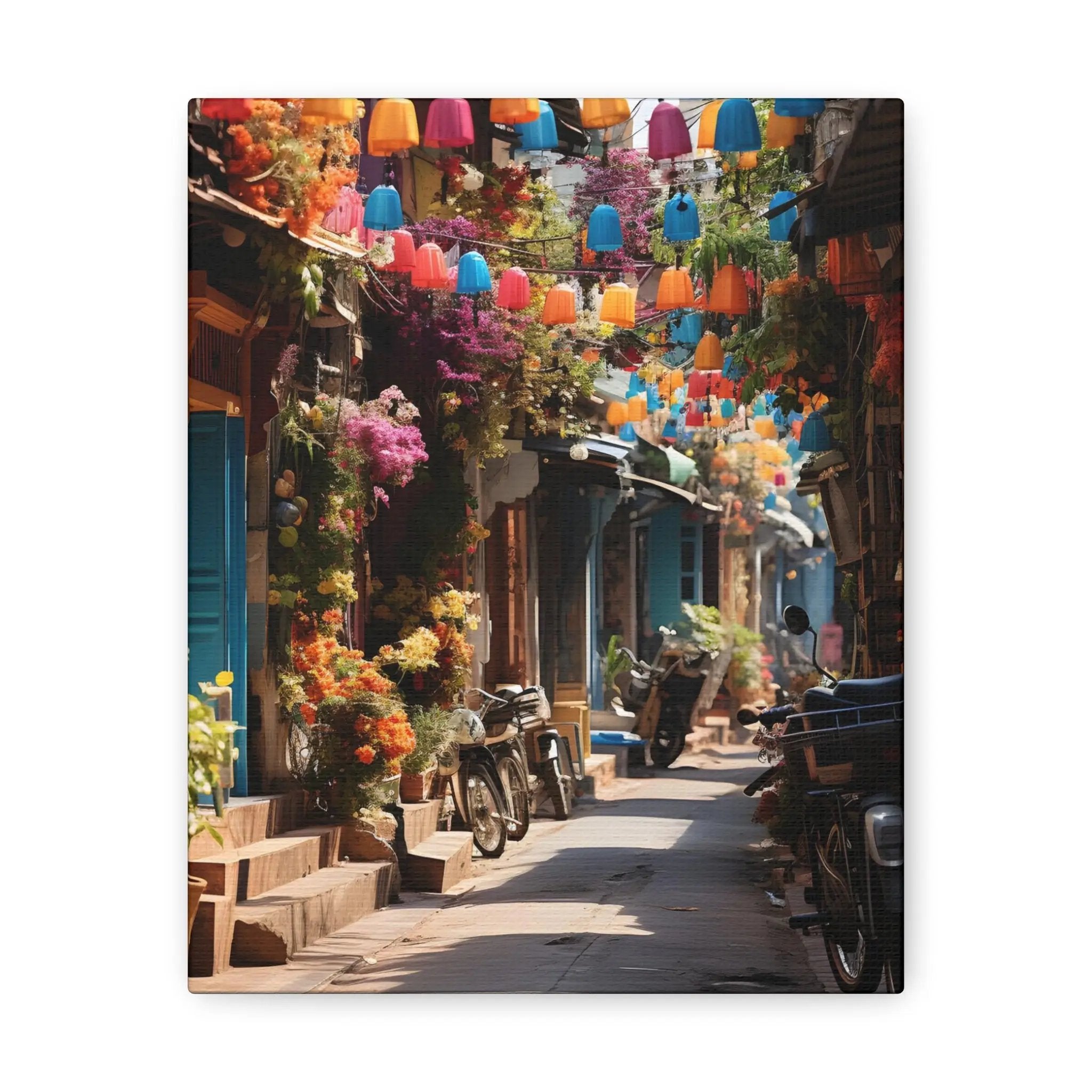 Canvas Gallery Wraps | a street with a bunch of flowers hanging from the side of it