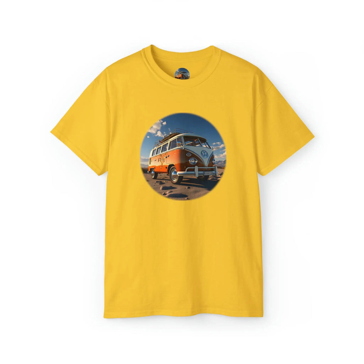 men tee graphic | a yellow t - shirt with a picture of a van bus