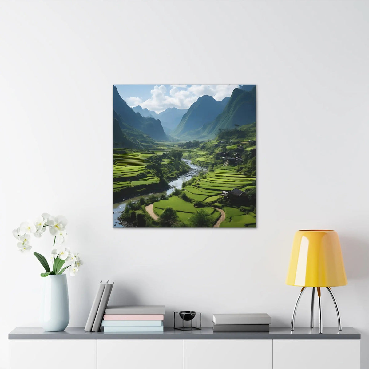 Canvas Gallery Wraps | a painting of a valley with a river running through it