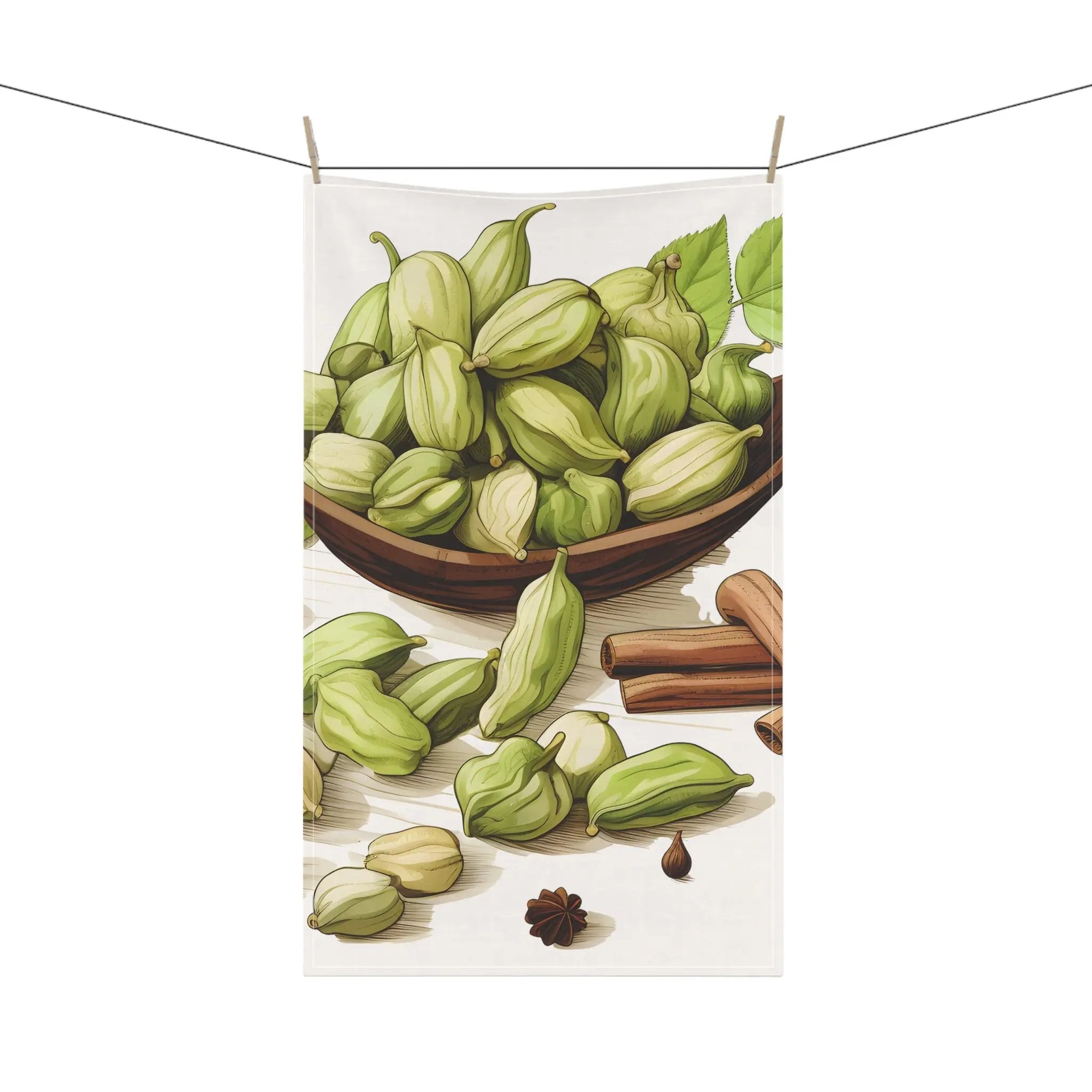 Kitchen Towel | a painting of a bowl of pistachios on a clothes line