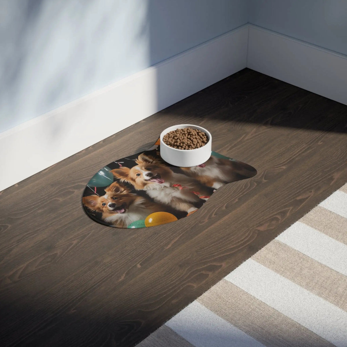 Pet Feeding Mats | a bowl of dog food on a wooden floor