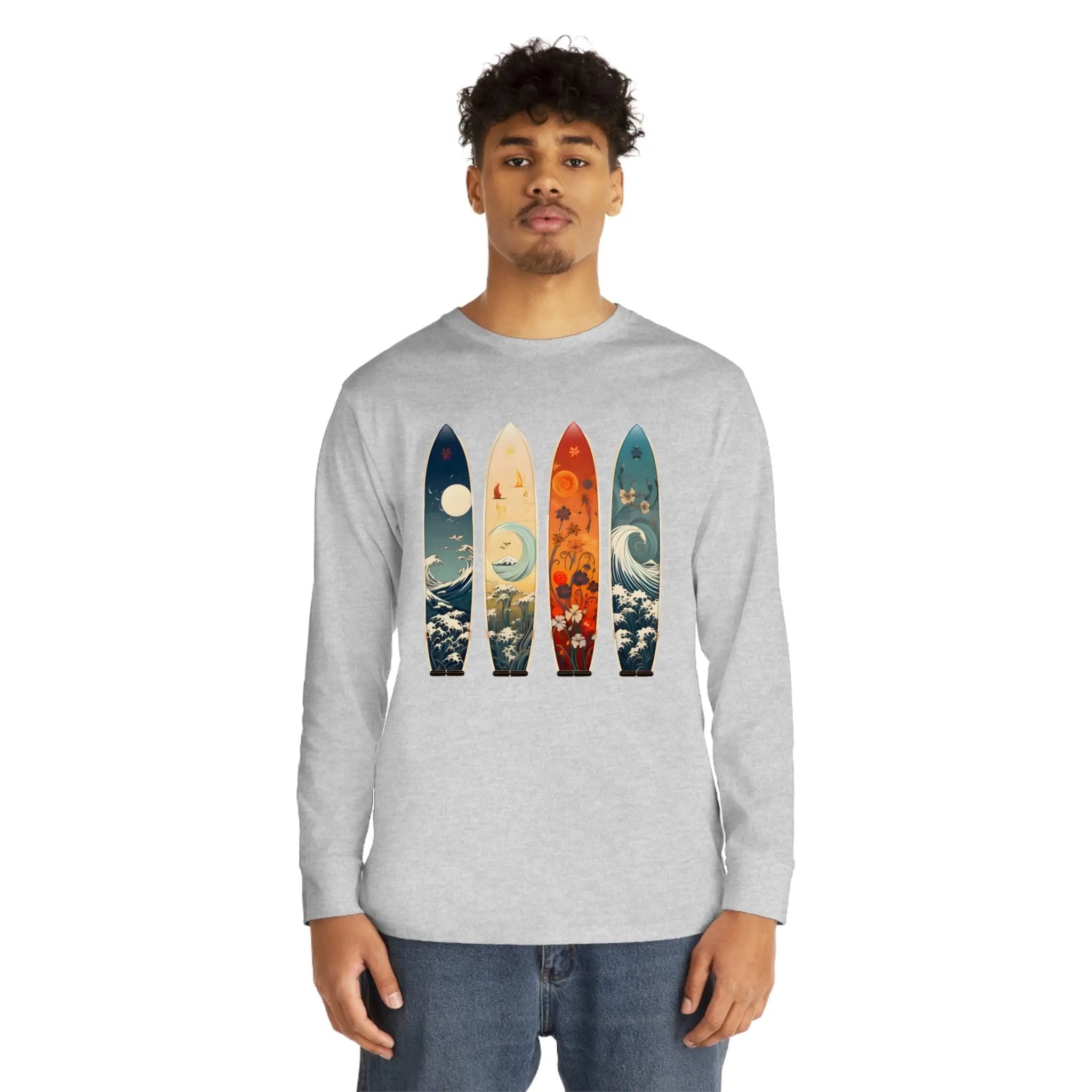 Long Sleeve t shirt | a man wearing a long sleeve shirt with four surfboards on it