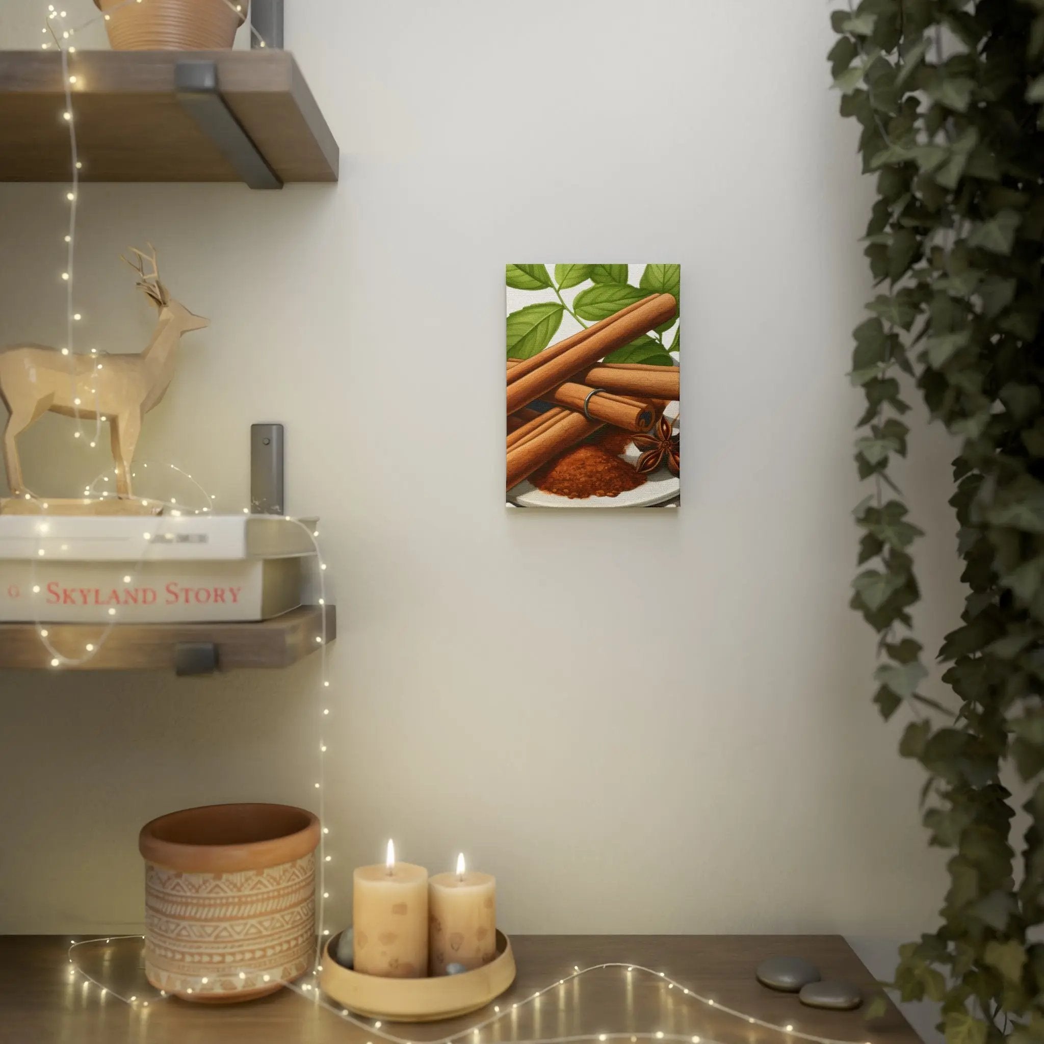 Canvas Gallery Wraps | a shelf with candles and a deer figurine on it