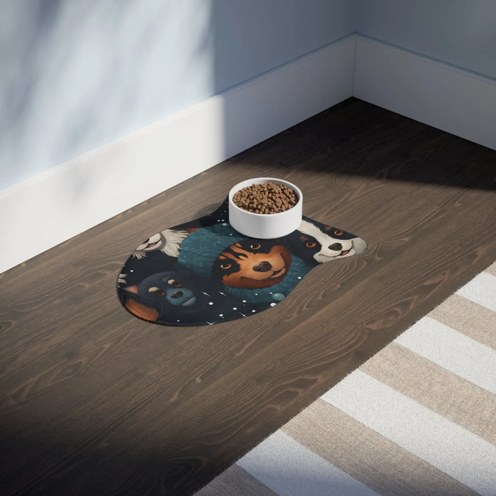 Pet Feeding Mats | a bowl of dog food sitting on top of a wooden floor