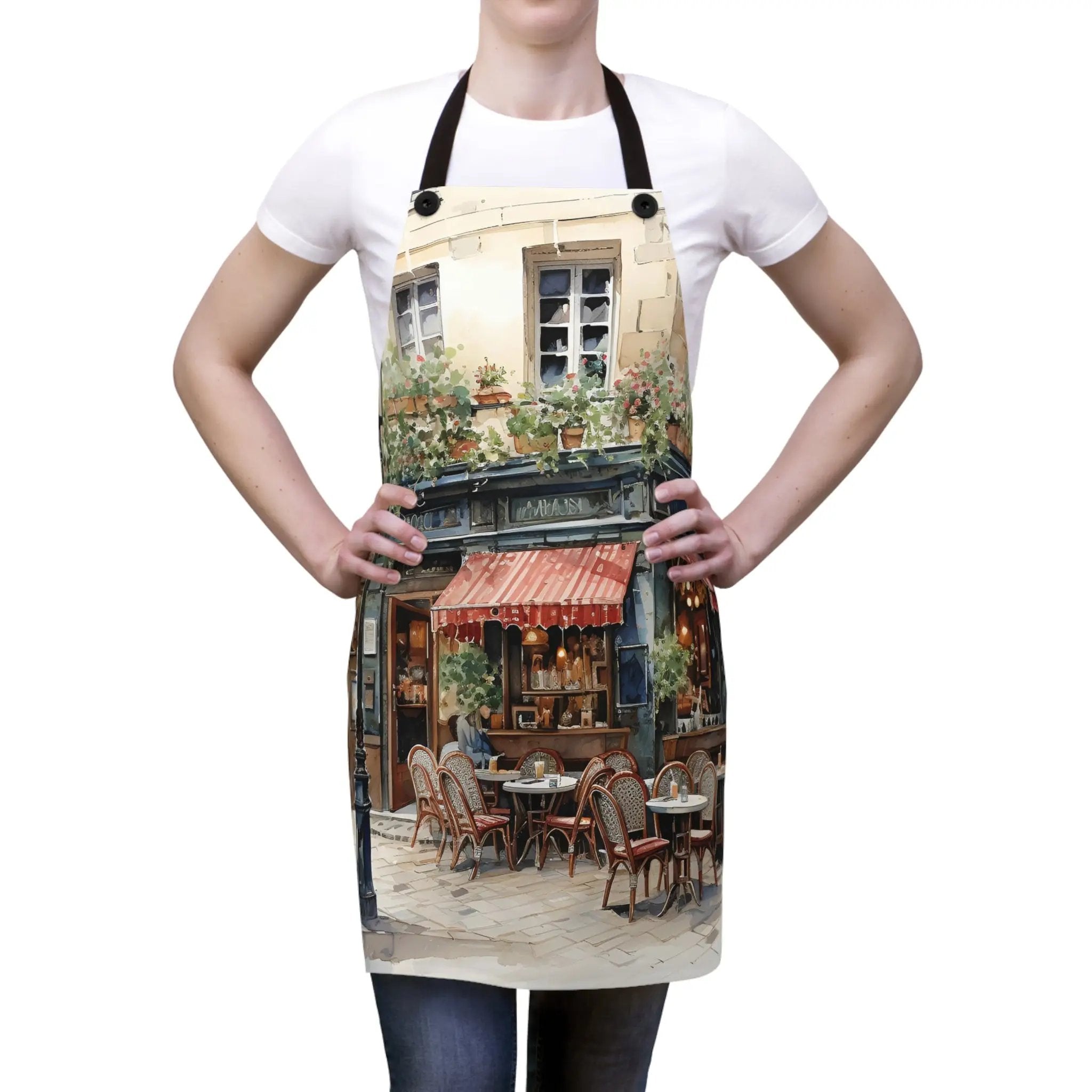 Chef Apron | a woman wearing an apron with a picture of a cafe