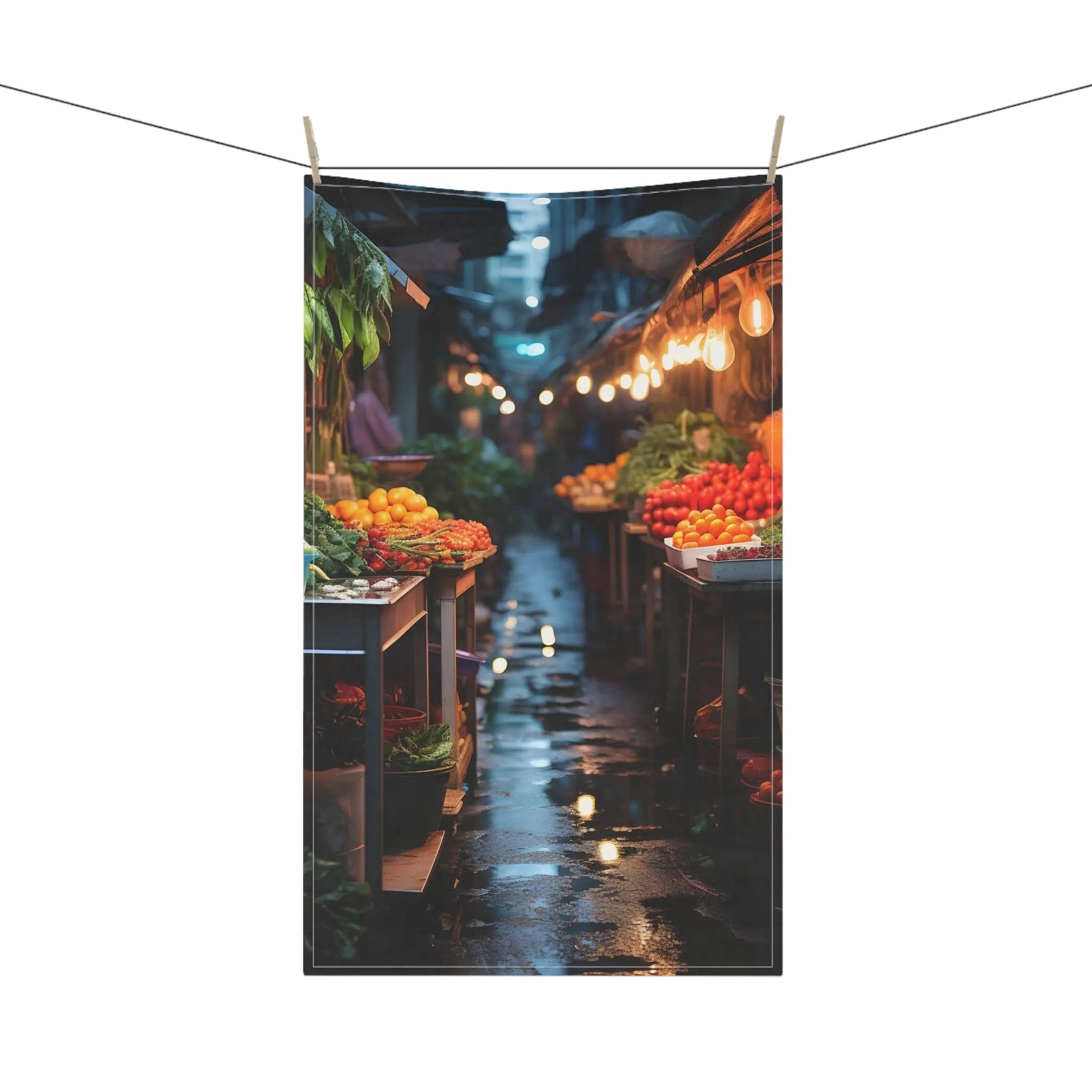 Kitchen Towel | a narrow street with a lot of fruit and vegetables