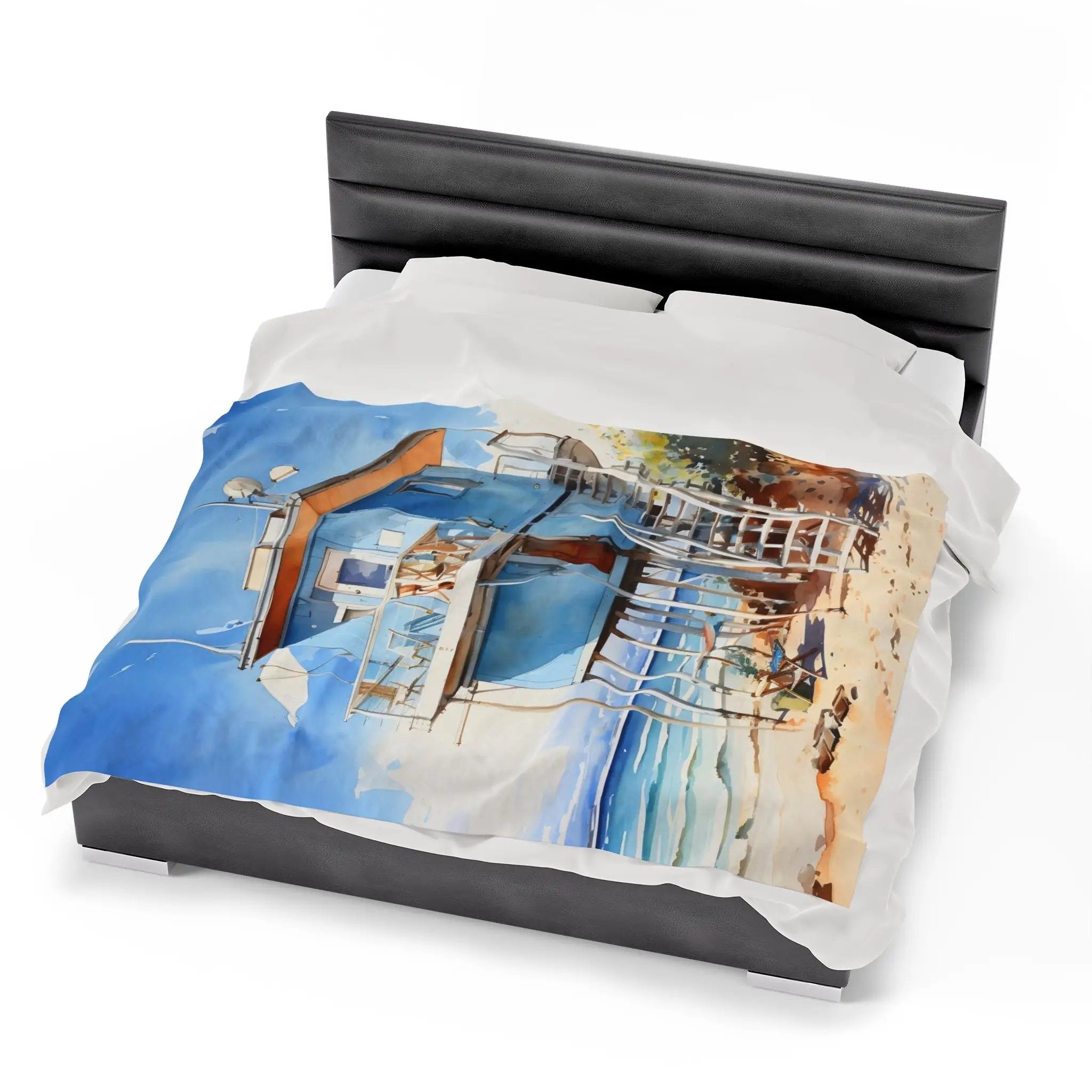 bedroom Blanket | a bed with a picture of a building on it