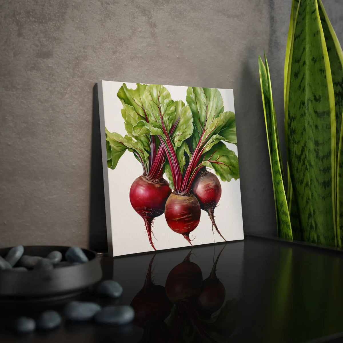 Canvas Gallery Wraps | a painting of radishes on a table next to a potted plant